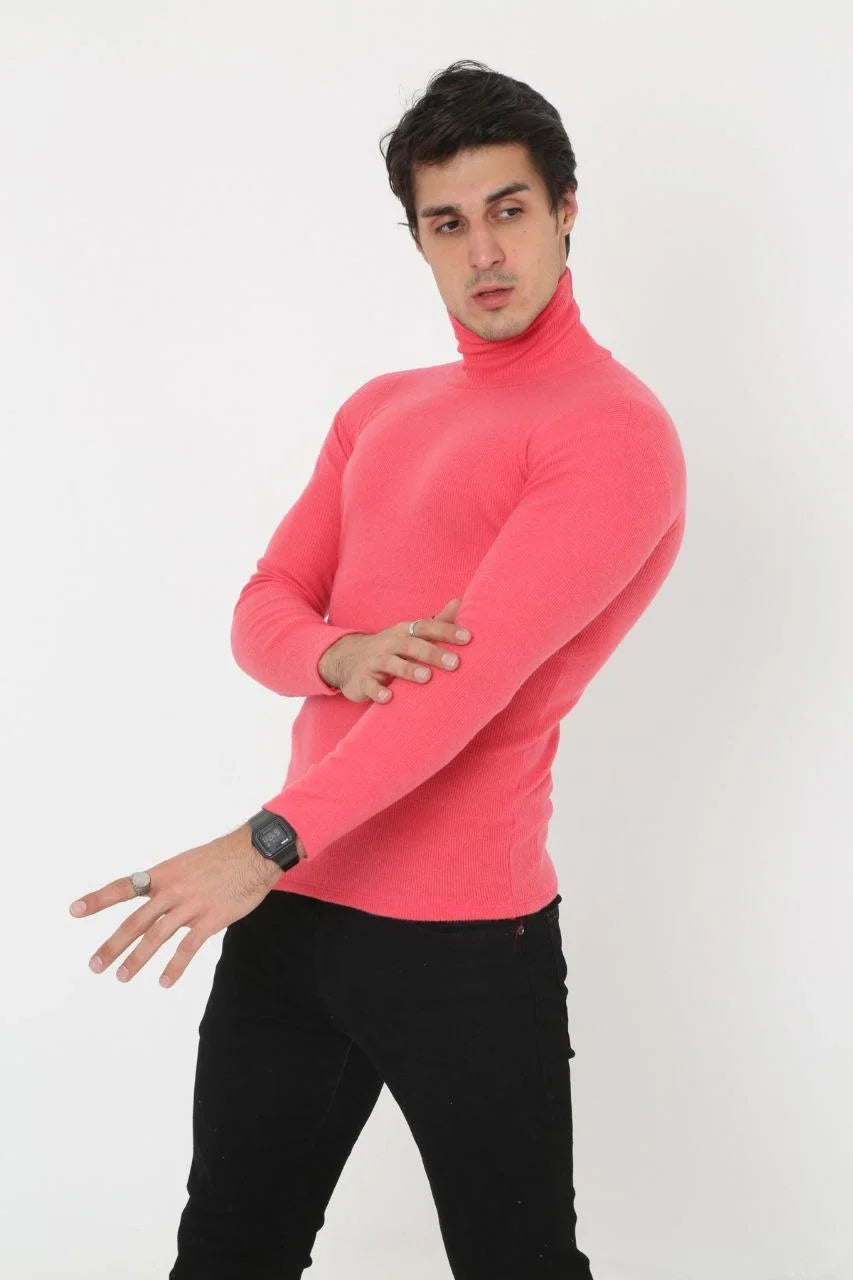 ASSEMA Erkek Kaşkorse Boğazlı Pamuklu Full Likralı Fitilli Body Kazak - Pembe