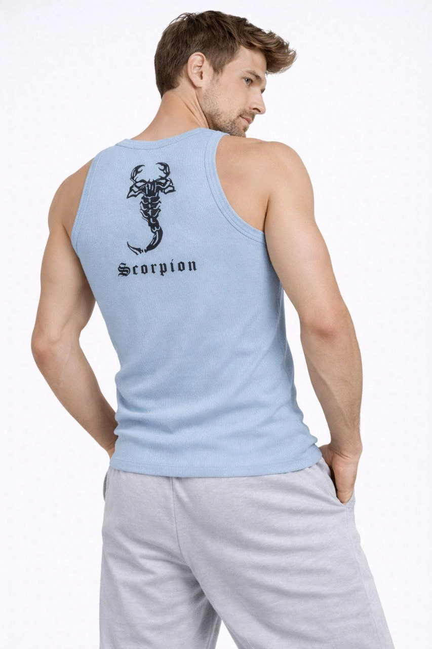 ASSEMA Erkek Fitilli Atlet Sıfır Yaka Slim Fit Arka Baskılı Spor Atlet - Bebek Mavisi