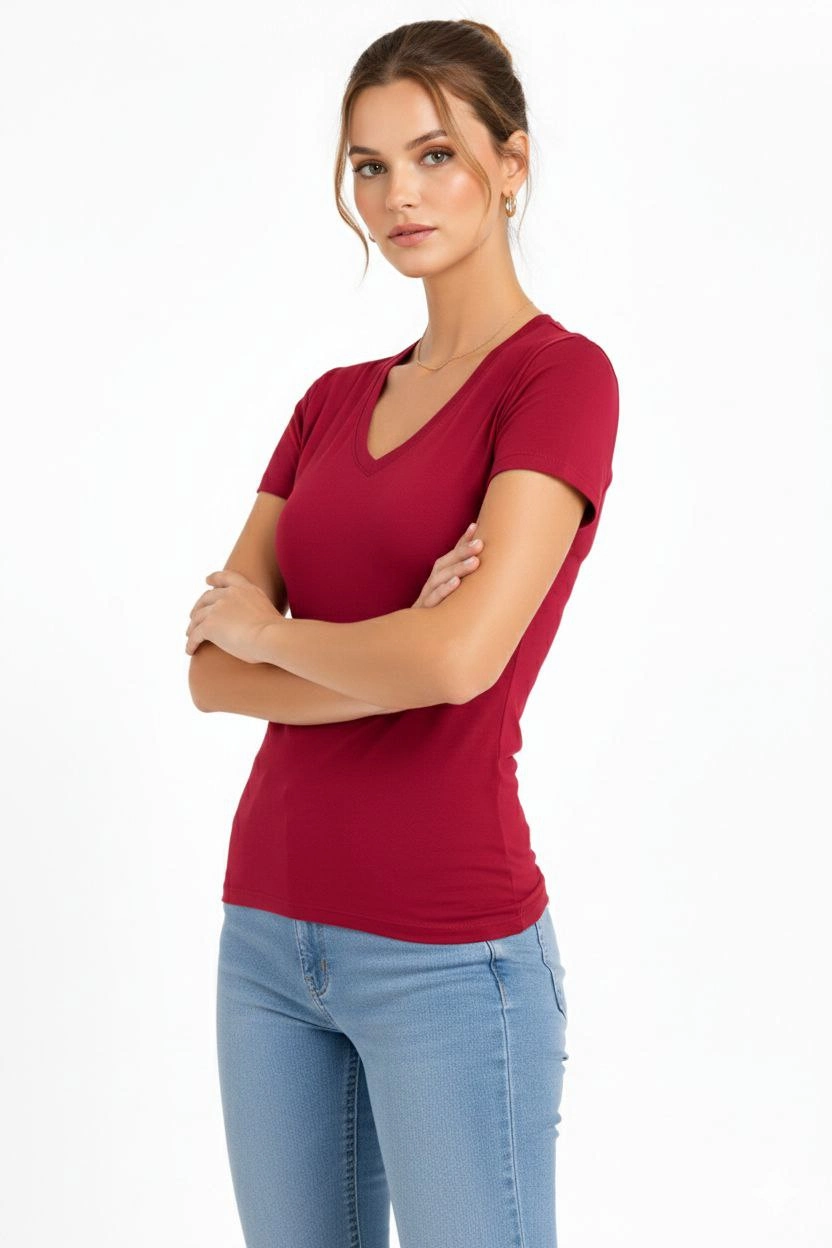 ASSEMA Kadın V Yaka Slim Fit Likralı Tişört - Bordo