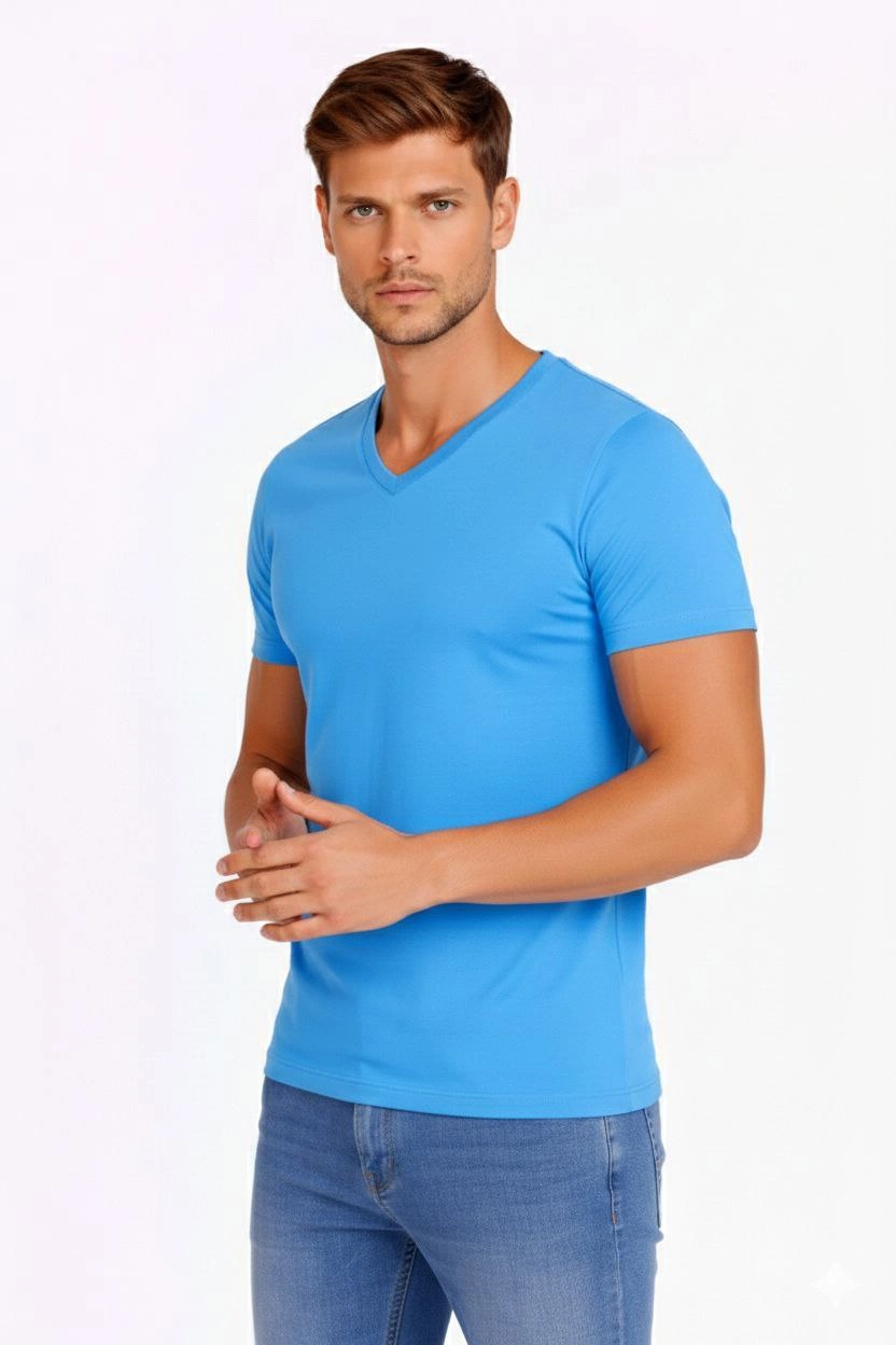 ASSEMA Erkek V Yaka Slim Fit dar kesim Likralı Tişört - Açık Mavi