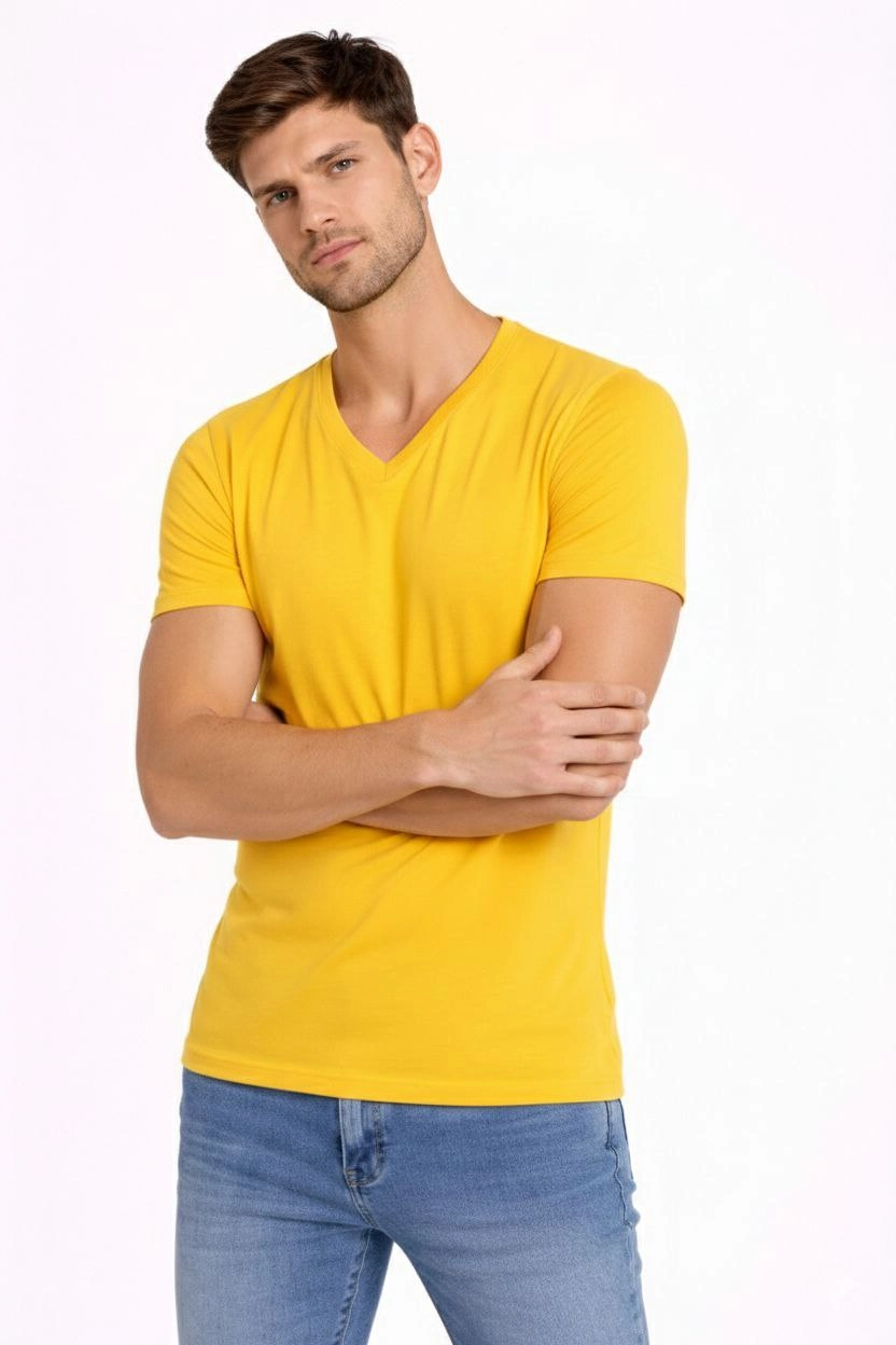 ASSEMA Erkek V Yaka Slim Fit dar kesim Likralı Tişört - Limon