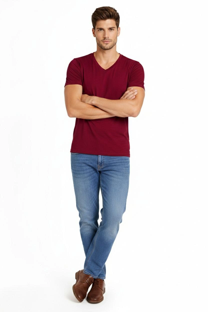 ASSEMA Erkek V Yaka Slim Fit dar kesim Likralı Tişört - Bordo
