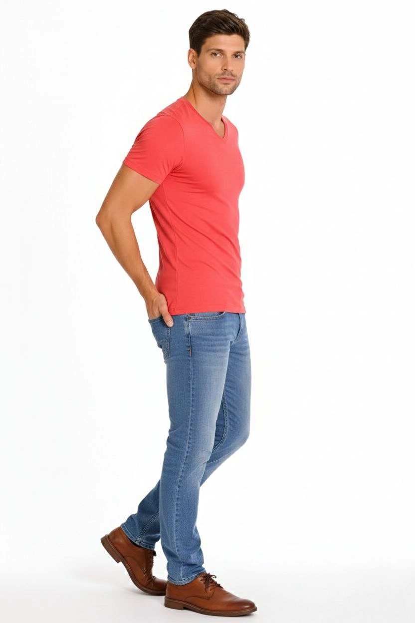 ASSEMA Erkek V Yaka Slim Fit dar kesim Likralı Tişört - Nar Çiçeği