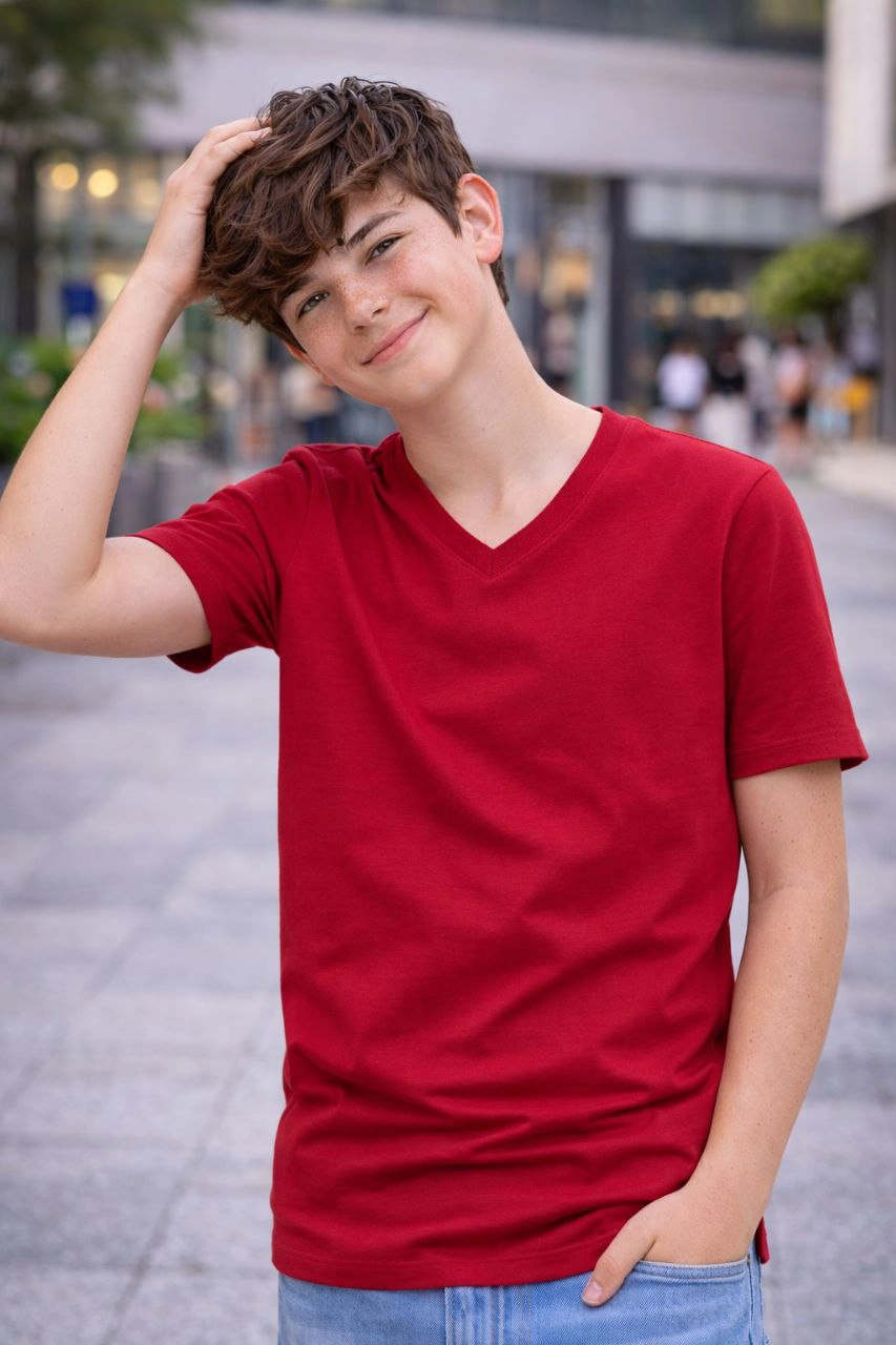 ASSEMA Genç Erkek Çocuk V Yaka T-shirt Model - Bordo