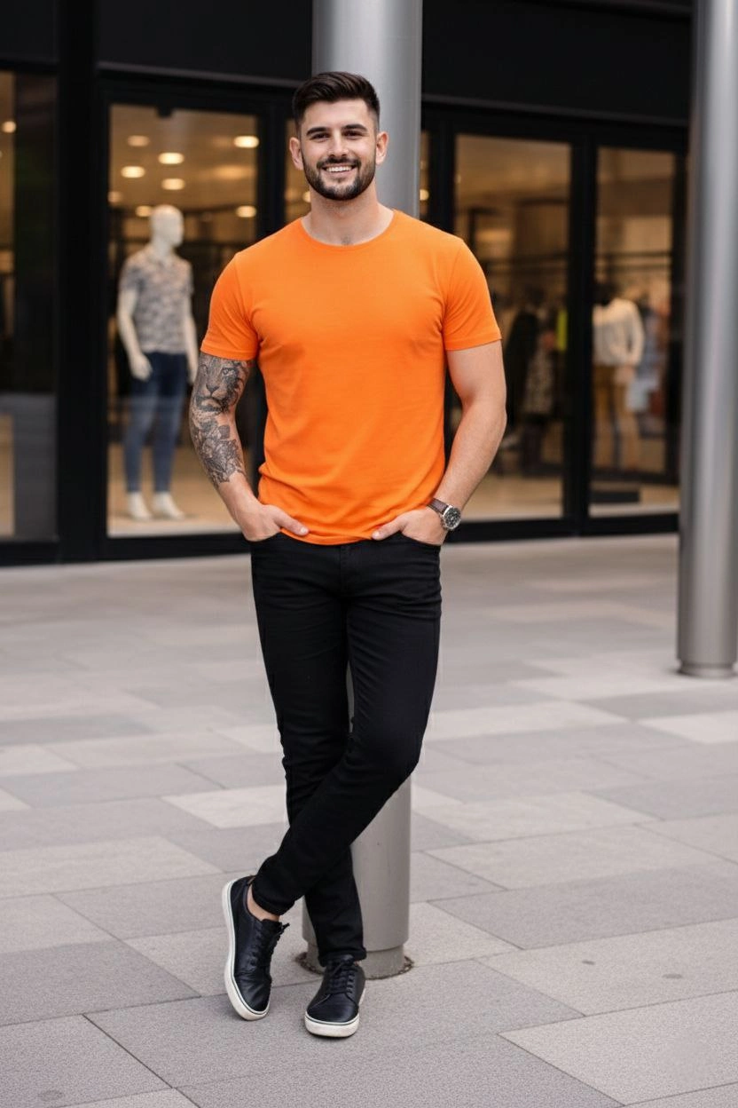 ASSEMA Erkek Bisiklet Yaka Slim Fit dar kesim Likralı Tişört - Turuncu