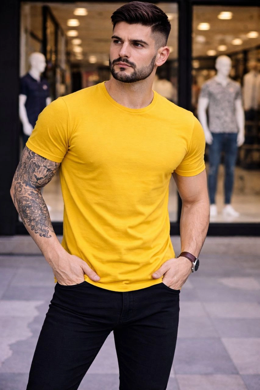 ASSEMA Erkek Bisiklet Yaka Slim Fit dar kesim Likralı Tişört - Sarı
