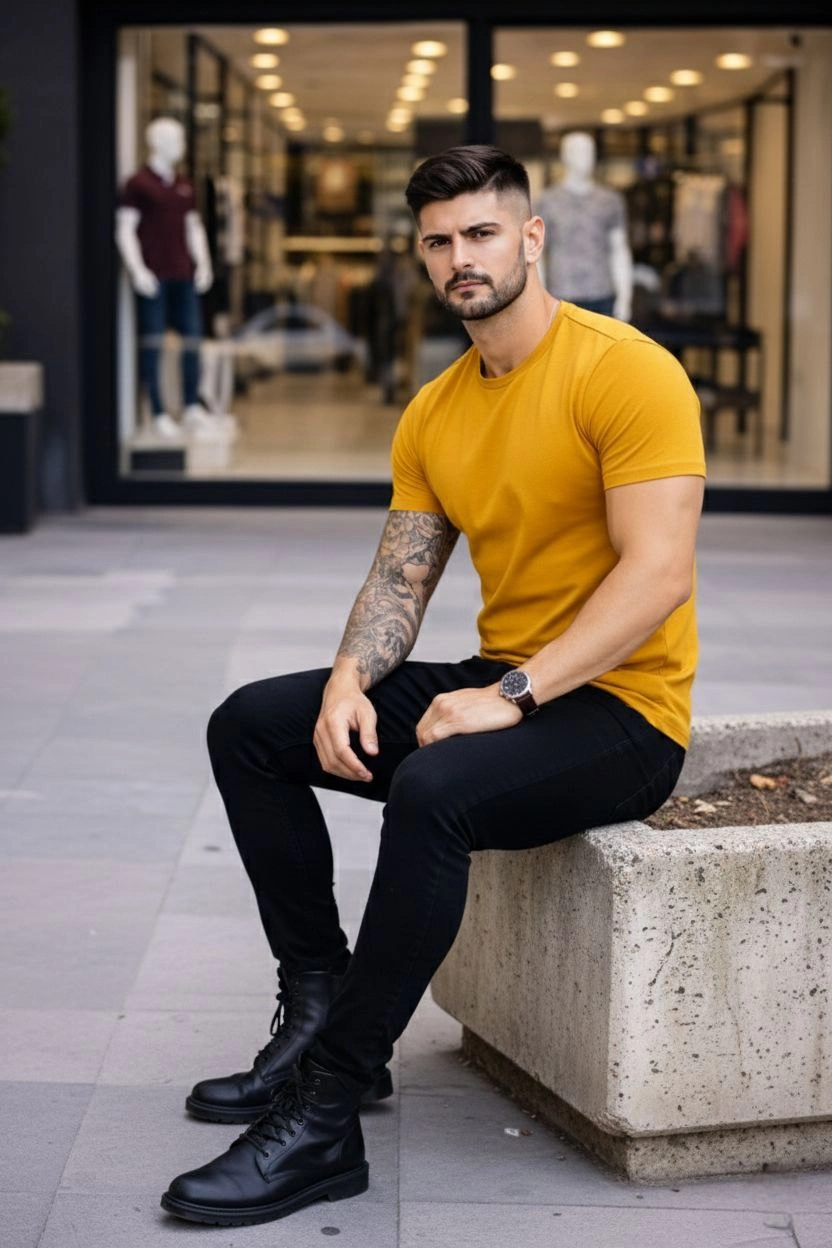 ASSEMA Erkek Bisiklet Yaka Slim Fit dar kesim Likralı Tişört - Limon