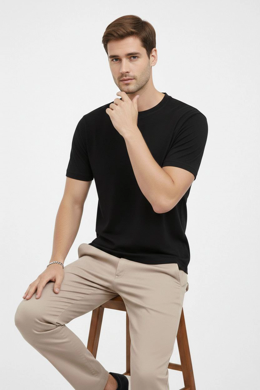 ASSEMA Erkek Bisiklet Yaka Tişört Regular Kalıp Basic Pamuklu Günlük Kullanım T-shirt - Siyah