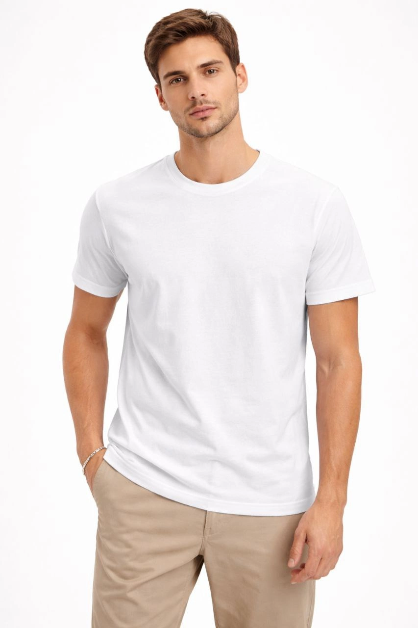ASSEMA Erkek Bisiklet Yaka Tişört Regular Kalıp Basic Pamuklu Günlük Kullanım T-shirt - Beyaz
