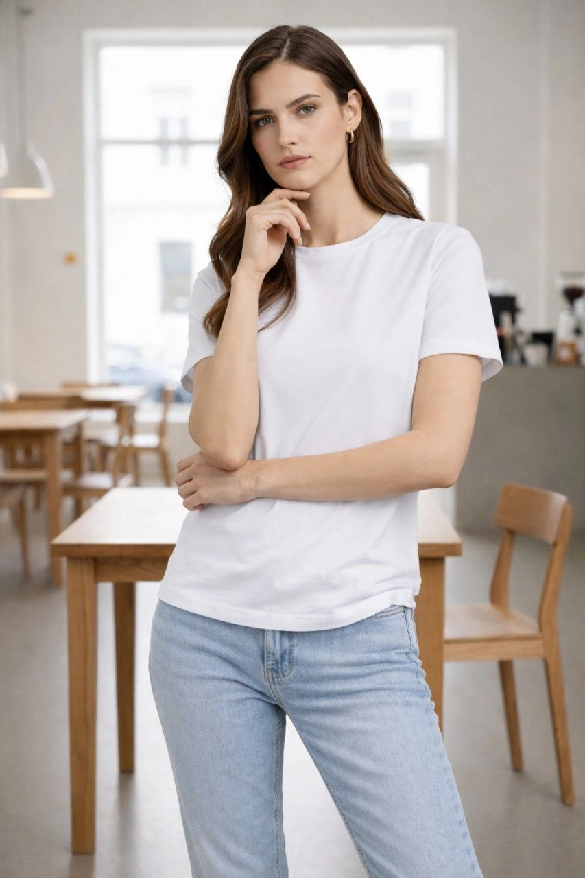 ASSEMA Kadın Bisiklet Yaka Tişört Regular Kalıp Basic Pamuklu Günlük Kullanım T-shirt - Beyaz