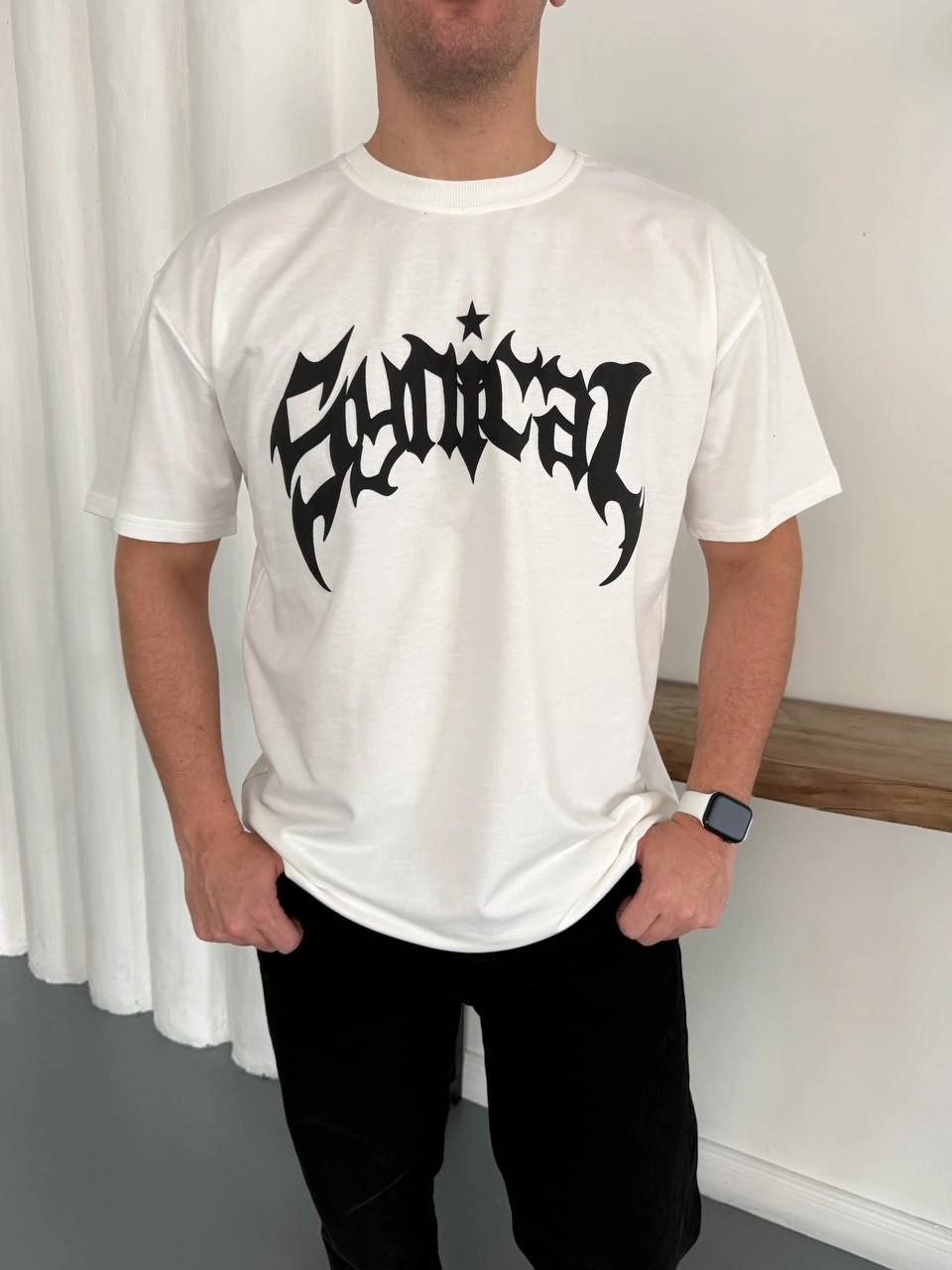 ASSEMA Erkek Bisiklet Yaka Ön Baskılı Kısa Kollu Tişört Streetwear Günlük Basic Pamuklu T-shirt - Beyaz