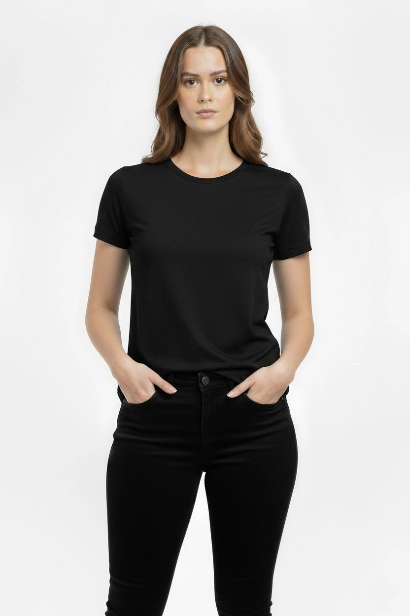 ASSEMA Kadın T-Shirt Bisiklet Yaka Slim Fit Likralı Tişört Günlük Basic Body - Siyah