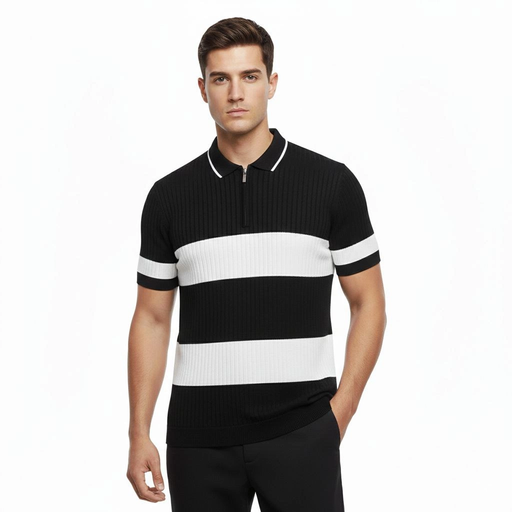 ASSEMA Erkek T-shirt Çizgili Triko Dokuma Kumaş Polo Yaka Yarım Fermuarlı Regular Kalıp Tişört - Siyah
