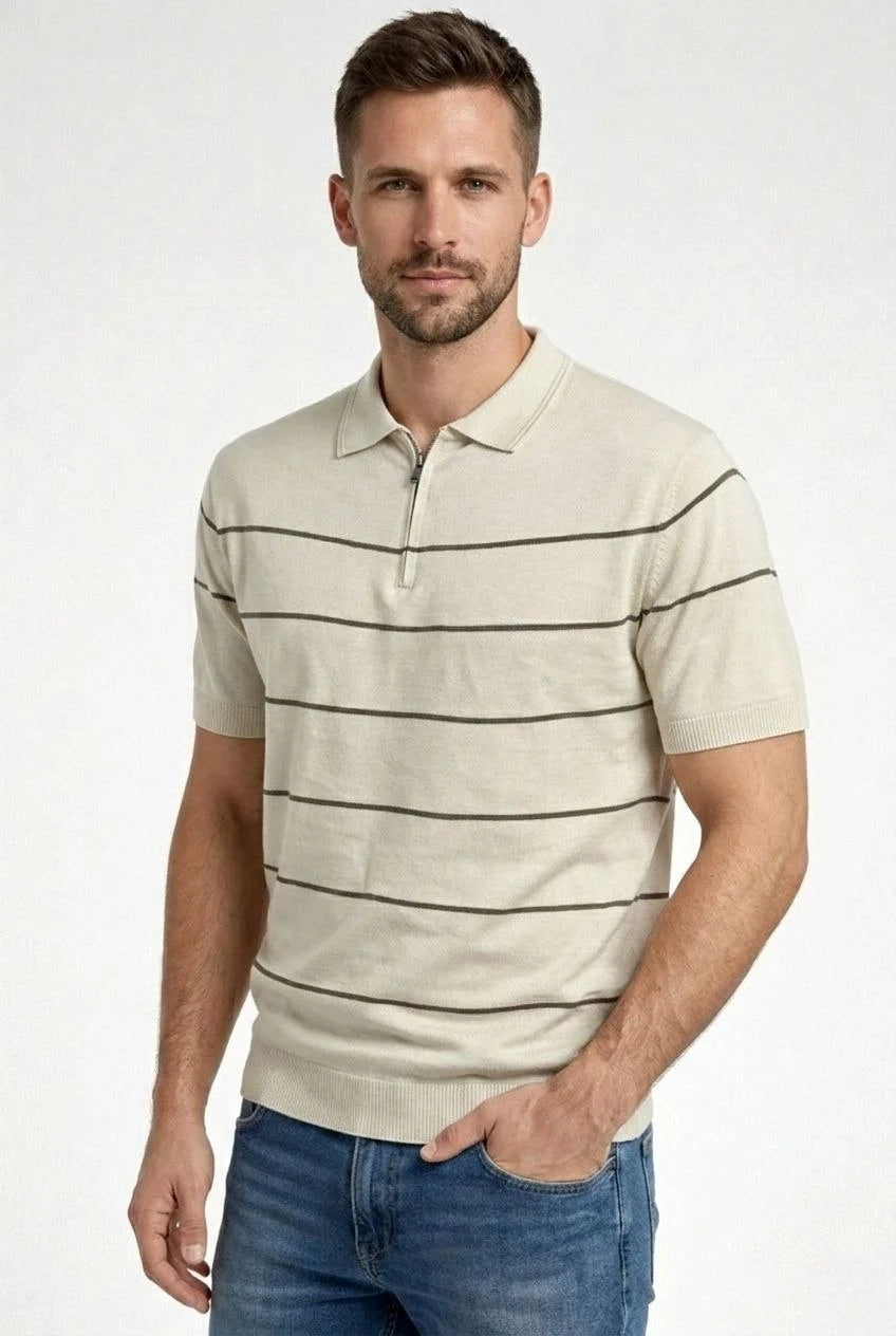 ASSEMA Erkek T-shirt Çizgili Triko Dokuma Kumaş Polo Yaka Yarım Fermuarlı Regular Kalıp Tişört - Bej