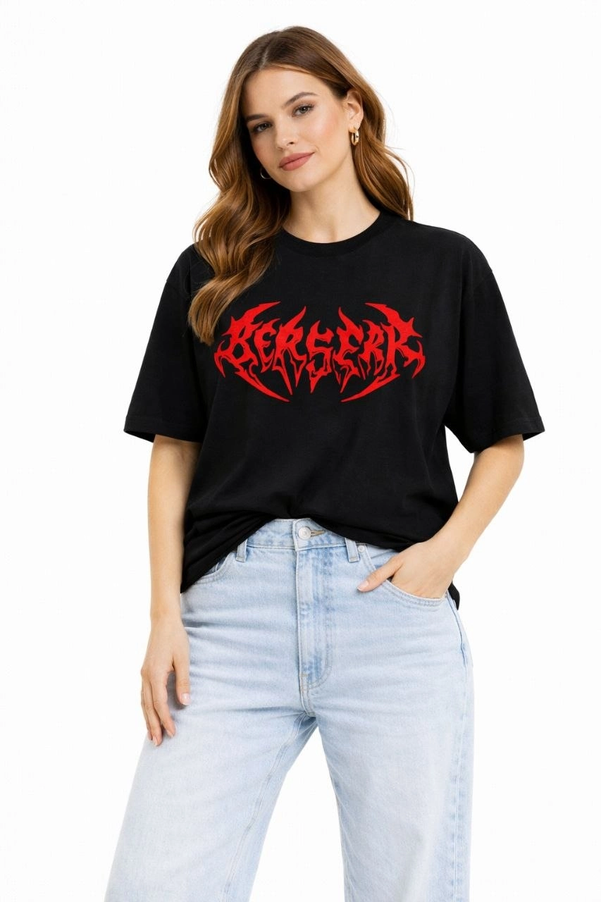 Kadın Kısa Kol Yazlık Tişört Bisiklet Yaka Baskılı Oversize T-Shirt - Siyah