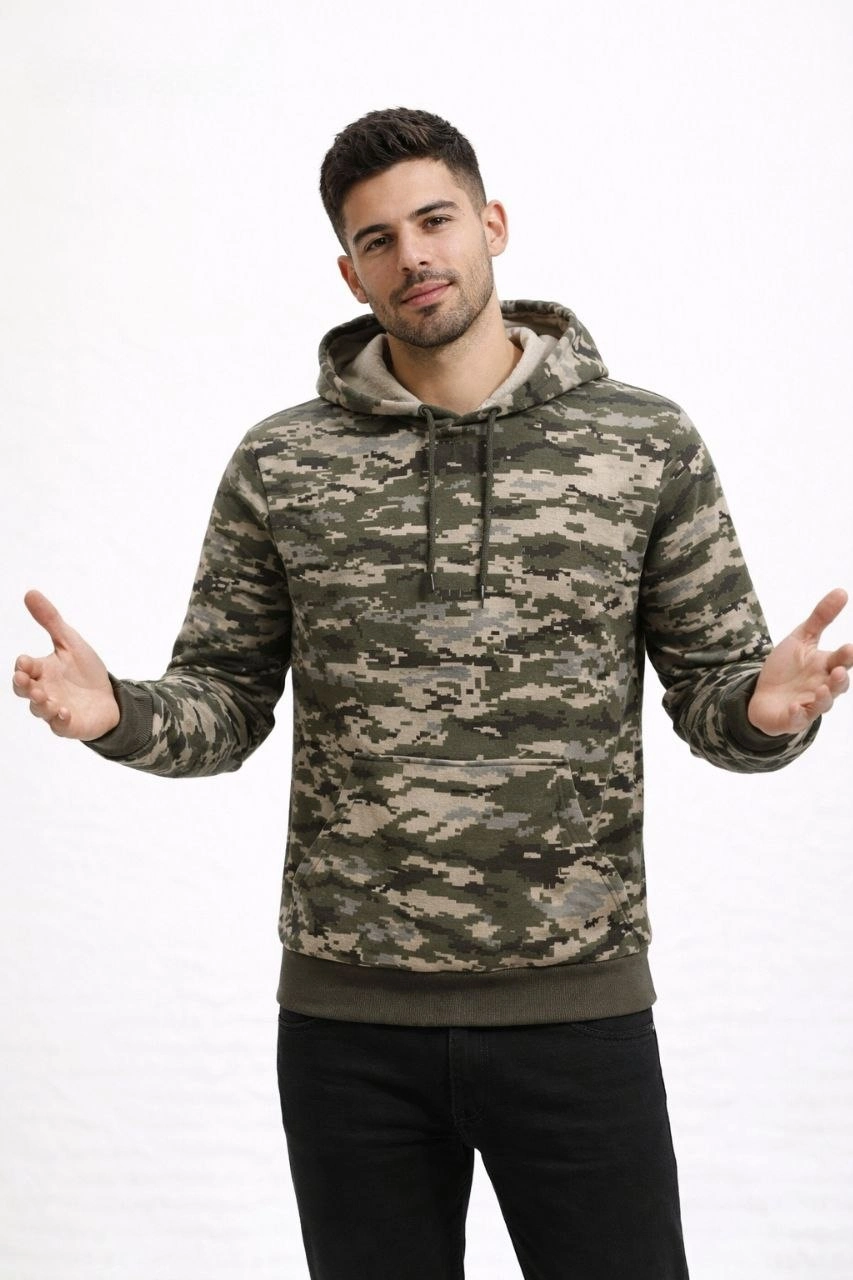 Erkek Kamuflaj Desenli 2 İplik 4 Mevsim Kapüşonlu Kanguru Cepli Hoodie Sweatshirt - Kamuflaj