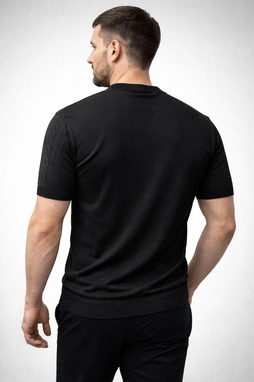 Erkek Yazlık Triko Dokuma Tişört Kısa Kol Bisiklet Yaka Örgü Desenli T-Shirt - Siyah