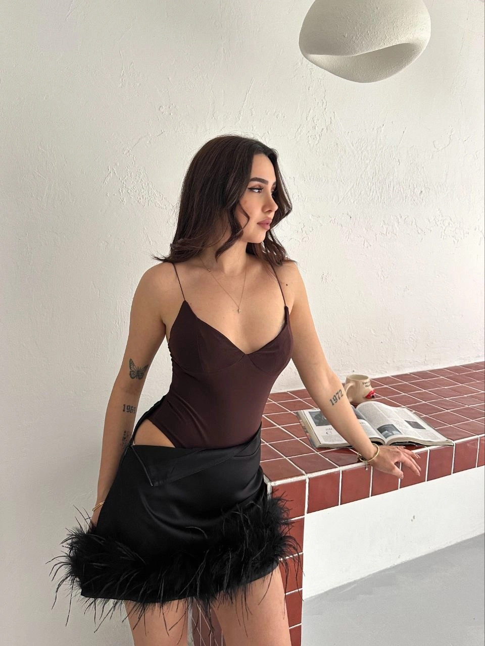 Kadın Derin Dekolte Askılı Body Sırt Dekolteli Şık Kolsuz Yazlık Bodysuit - Kahverengi