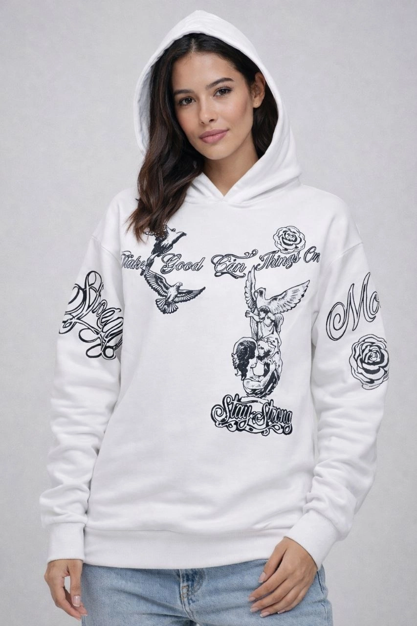 Kadın 3 İplik Pamuklu Kapüşonlu Baskılı SweatShirt hoodie - Beyaz