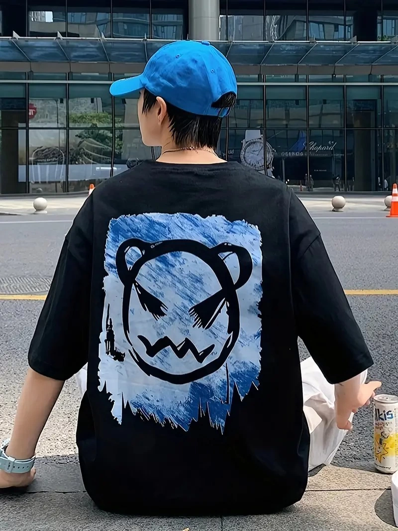 ASSEMA ERKEK Bisiklet Yaka Kore tarzı baskı Kısa Kol t-shirt - Siyah