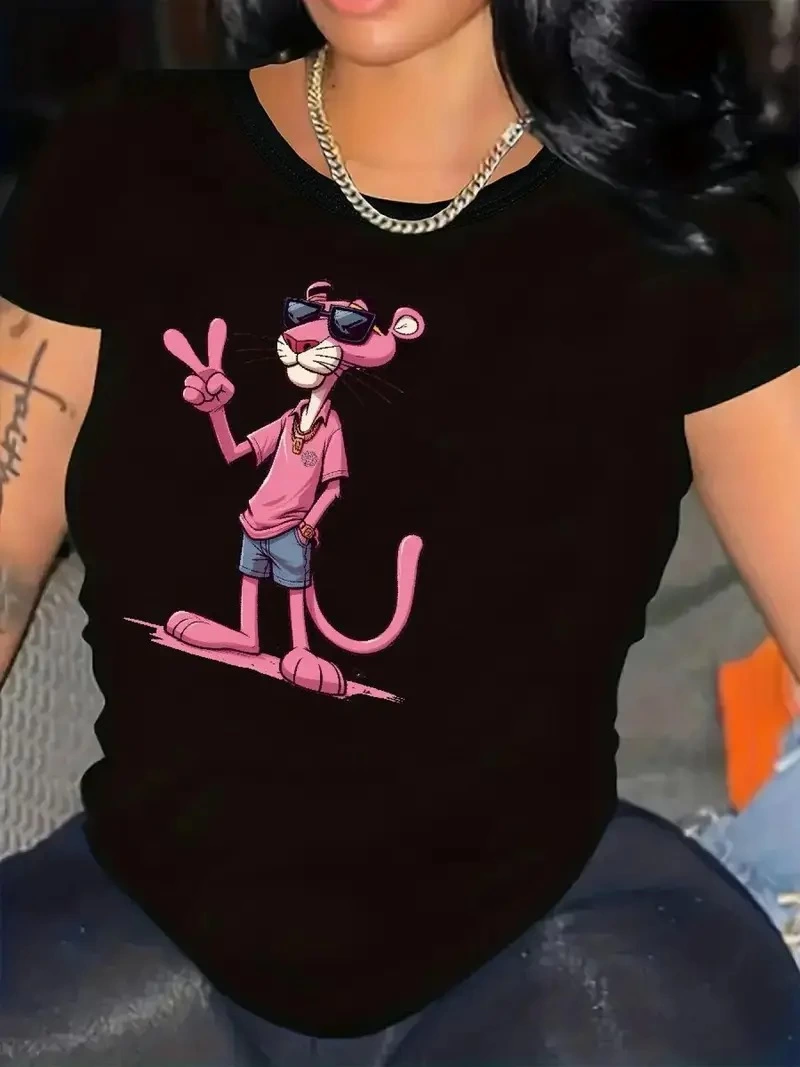 ASSEMA Kadın Pembe Panter Baskılı Bisiklet Yaka Kısa Kol T-shirt - Beyaz