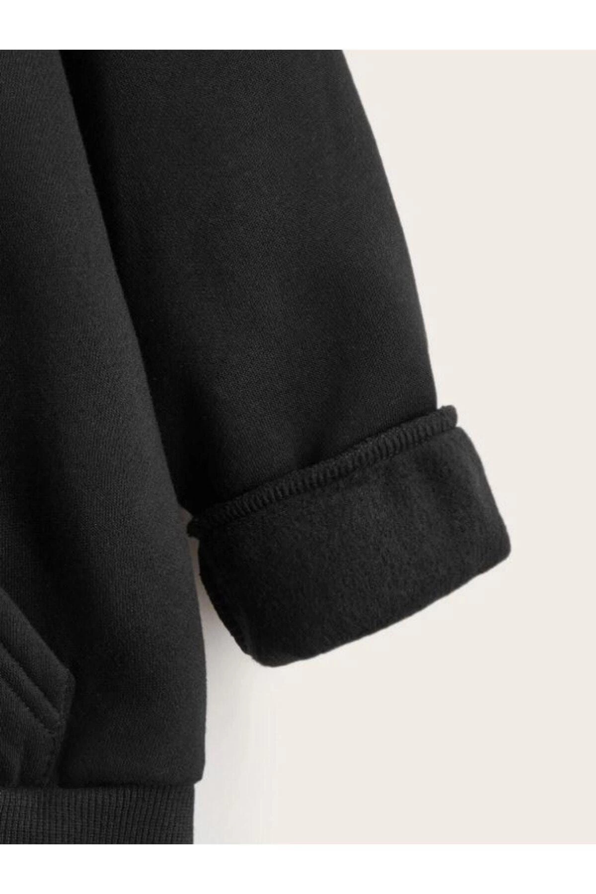 ASSEMA Çocuk Unisex Kapüşonlu Çizgi Kalp Baskılı Sweatshirt - Siyah