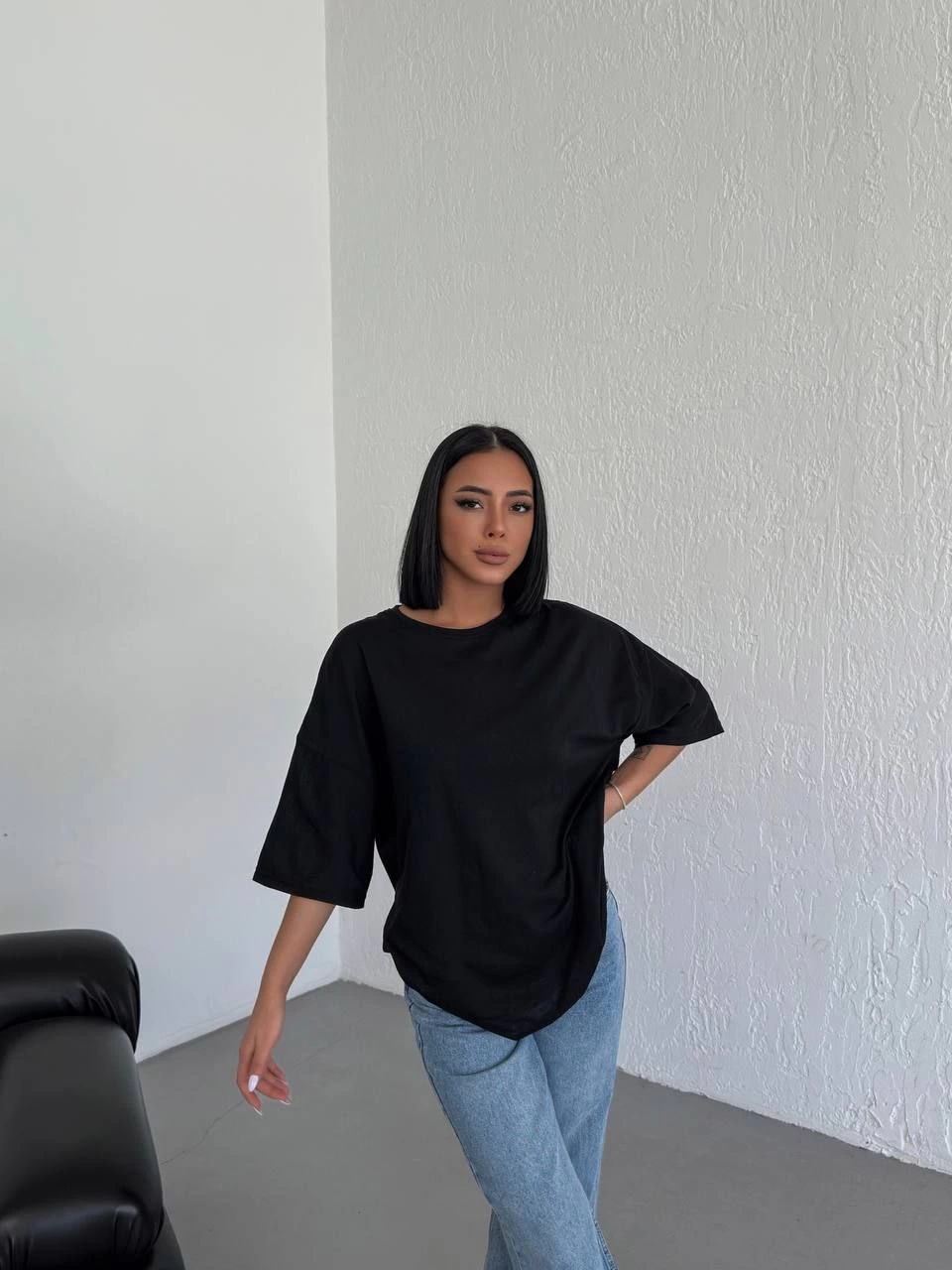 ASSEMA Kadın Düz T-Shirt Kısa Kol Bisiklet Yaka Ovarsize Rahat Kalıp Günlük Tişört - Siyah