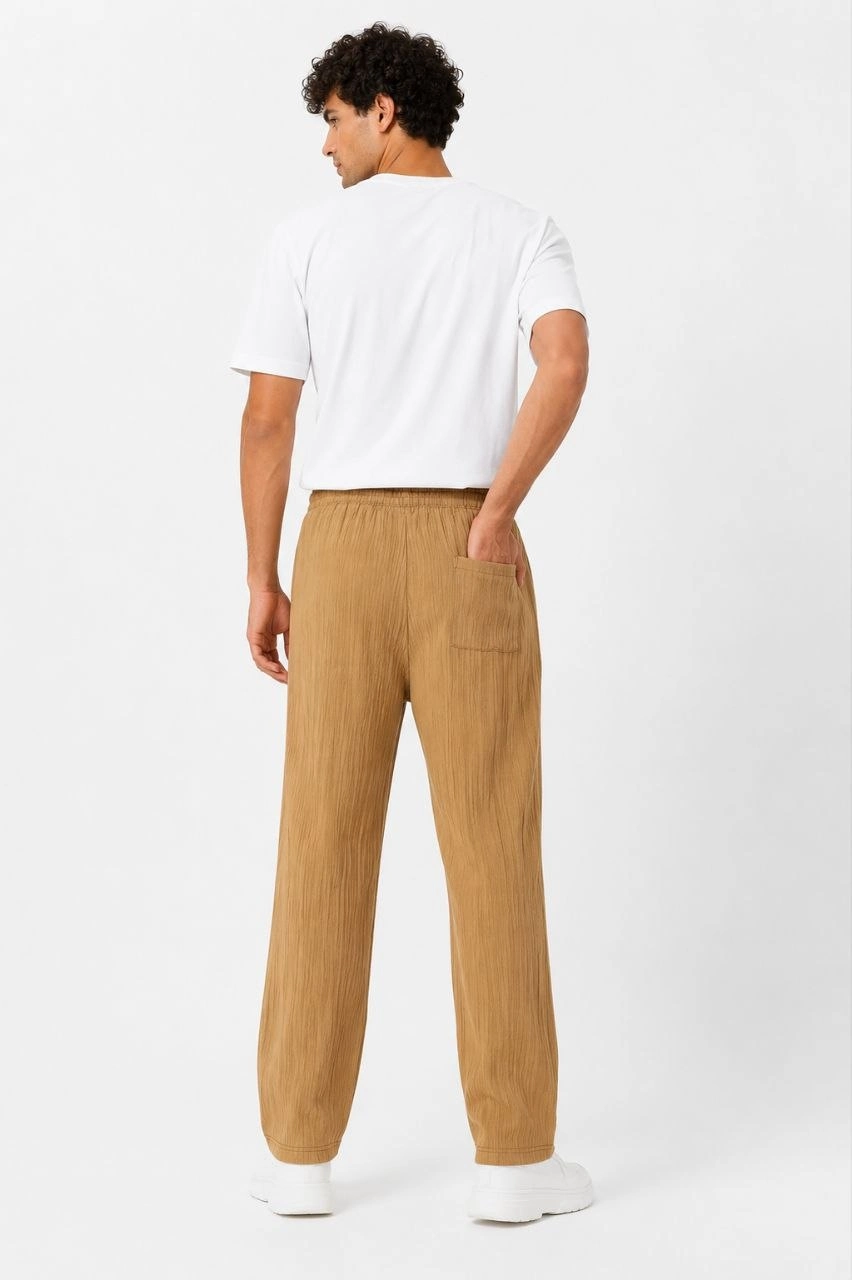 Erkek 2'li Bürümcük Kumaş Beli Lastikli Bağcıklı Bol Paça Pantolon - Beyaz/Vizon