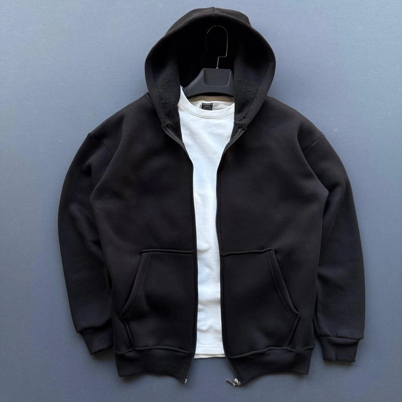 Erkek 3 İplik Şardonlu Tam Fermuarlı Kapüşonlu Arka Çanta Detaylı Sweatshirt - Siyah