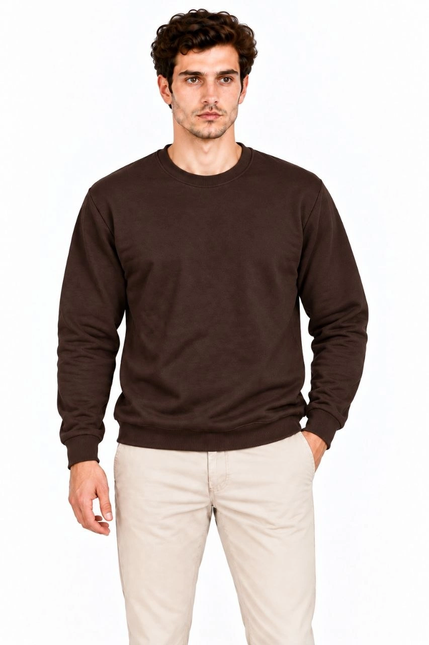 Erkek 3'Lü Bisiklet Yaka İçi Şardonlu 2 İplik Düz Uzun Kollu Regular Fit Sweatshirt - Haki - Kahverengi - Mavi