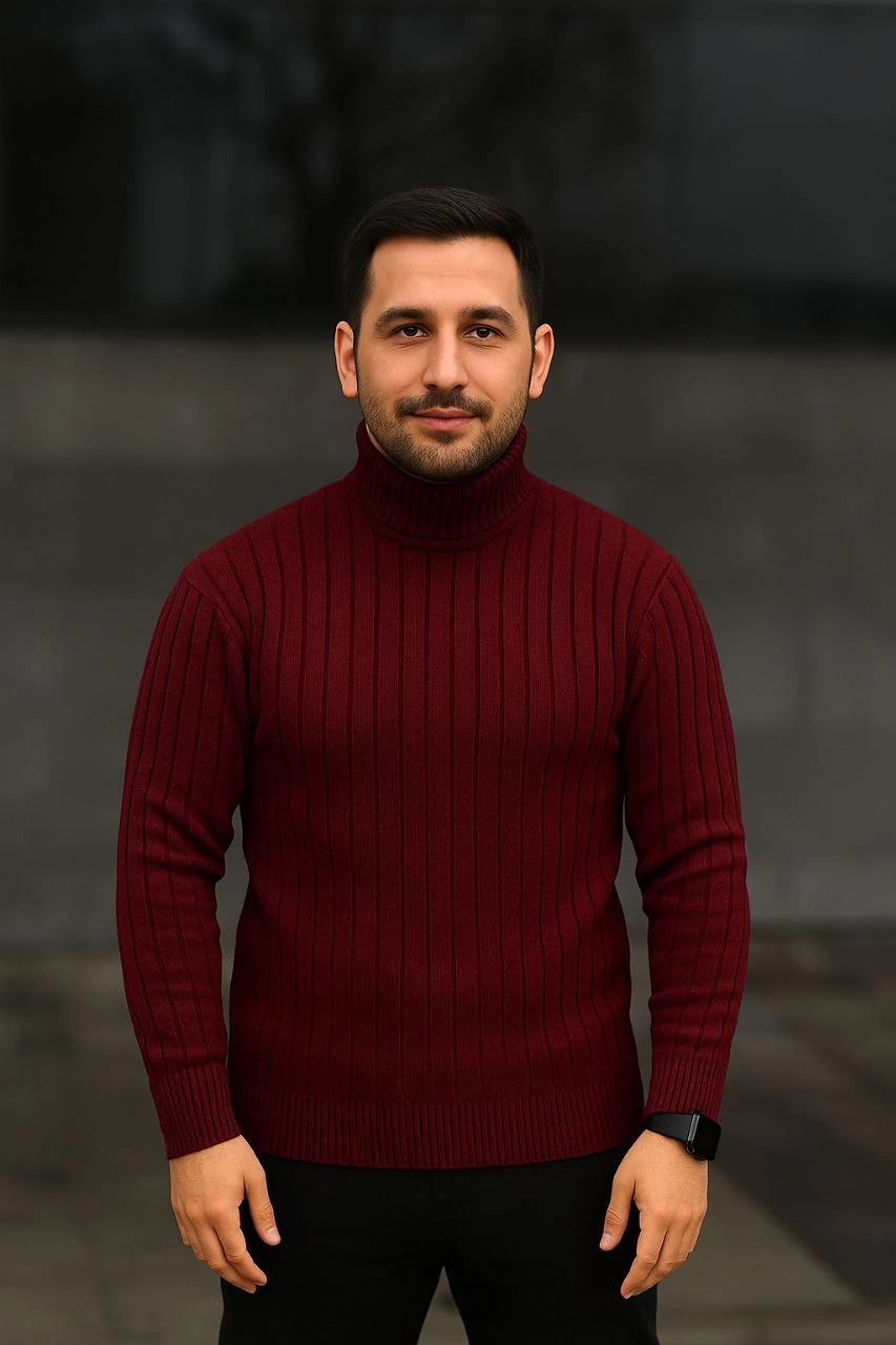 ASSEMA Erkek Balıkcı Yaka Bağazlı Triko Kazak Pamuklu Kalın Fitilli Dokuma Regular Fit - Bordo