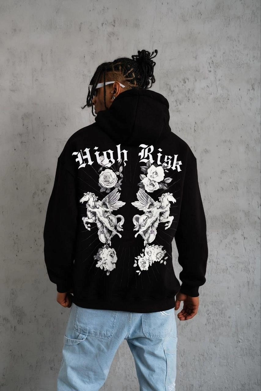Erkek Baskılı Kapşonlu Sweat - Siyah