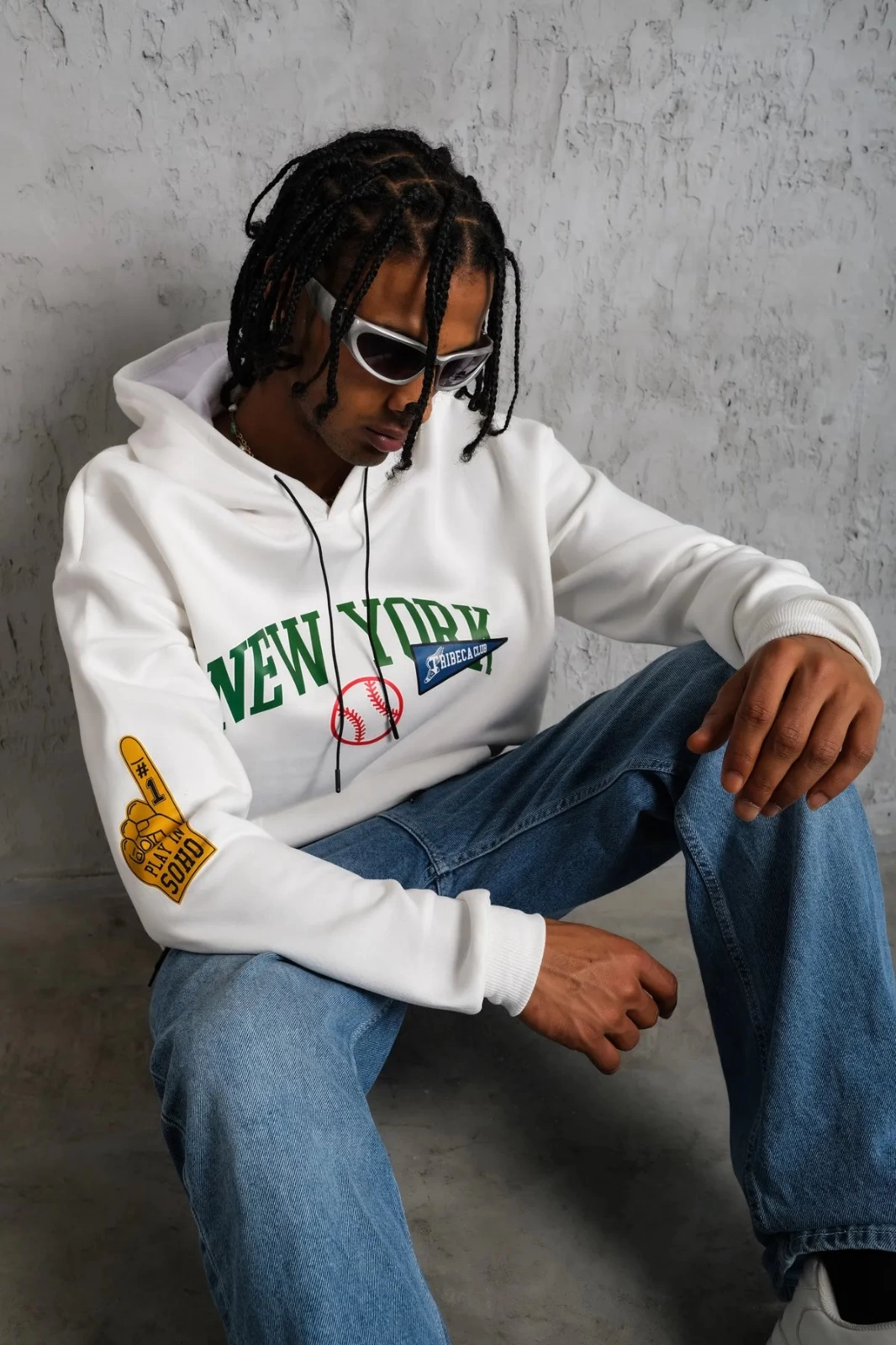 ASSEMA Erkek Baskılı Kapüşonlu üç iplik pamuklu Sweatshirt - Beyaz