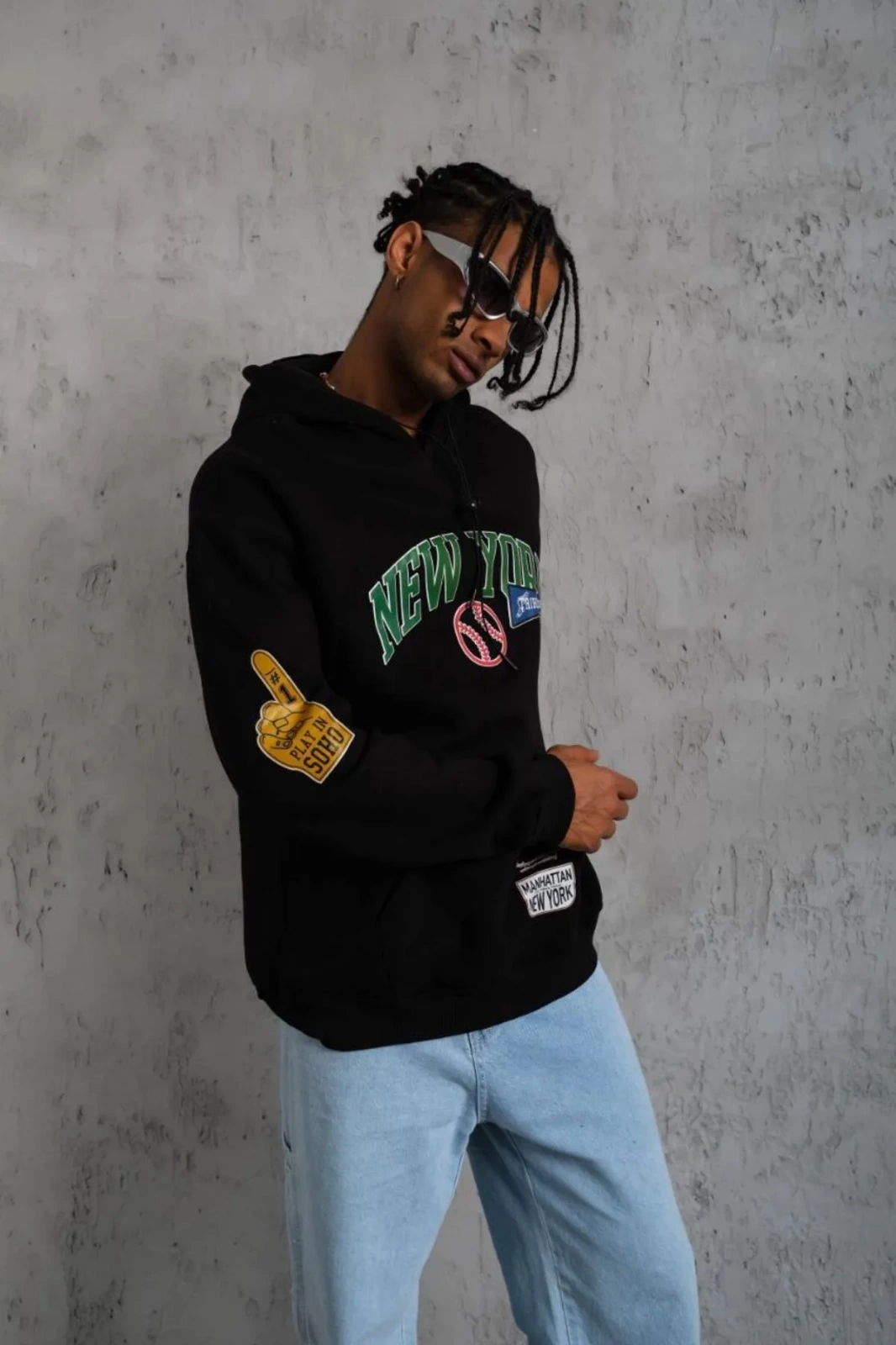 ASSEMA Erkek Baskılı Kapüşonlu üç iplik pamuklu Sweatshirt - Siyah