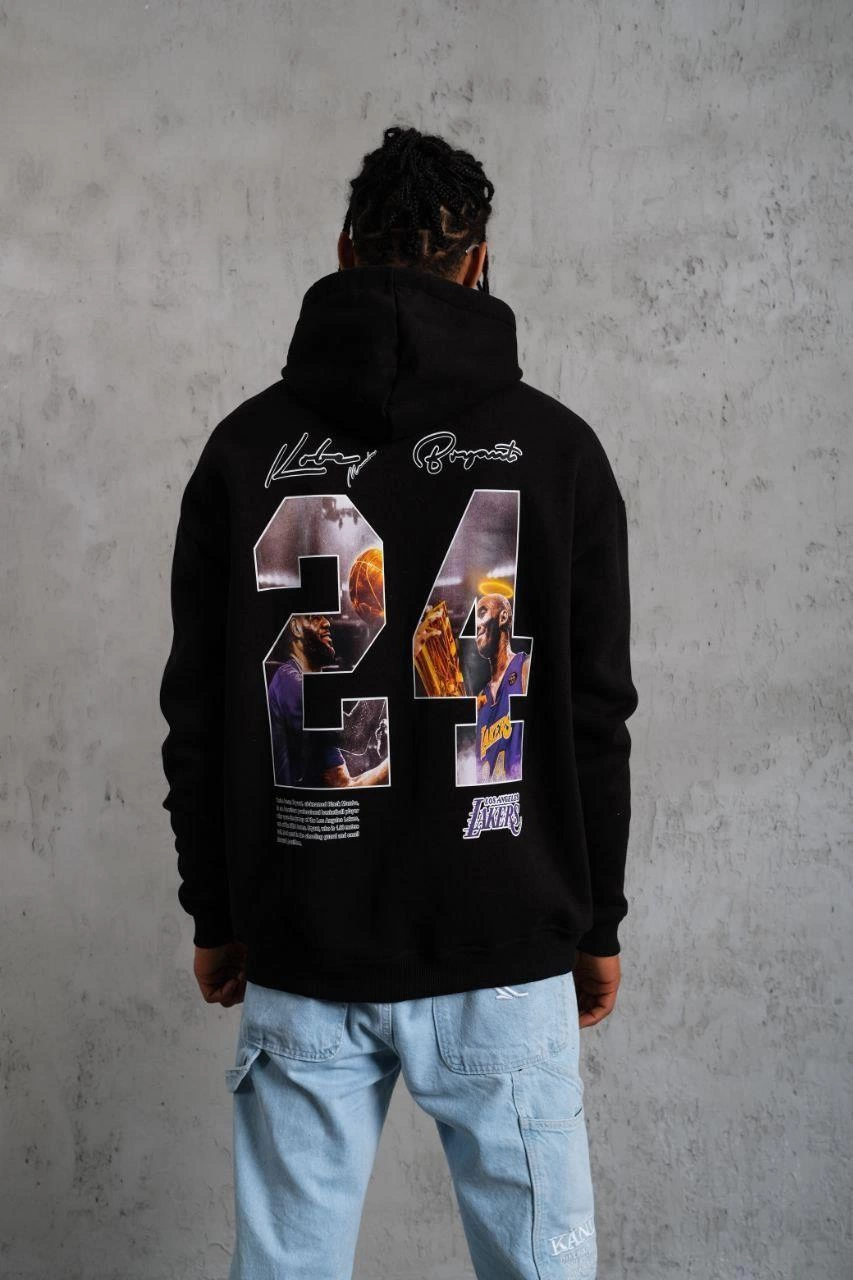 ASSEMA Erkek Baskılı Oversize Üç İplik Kapüşonlu Sweatshirt - Siyah