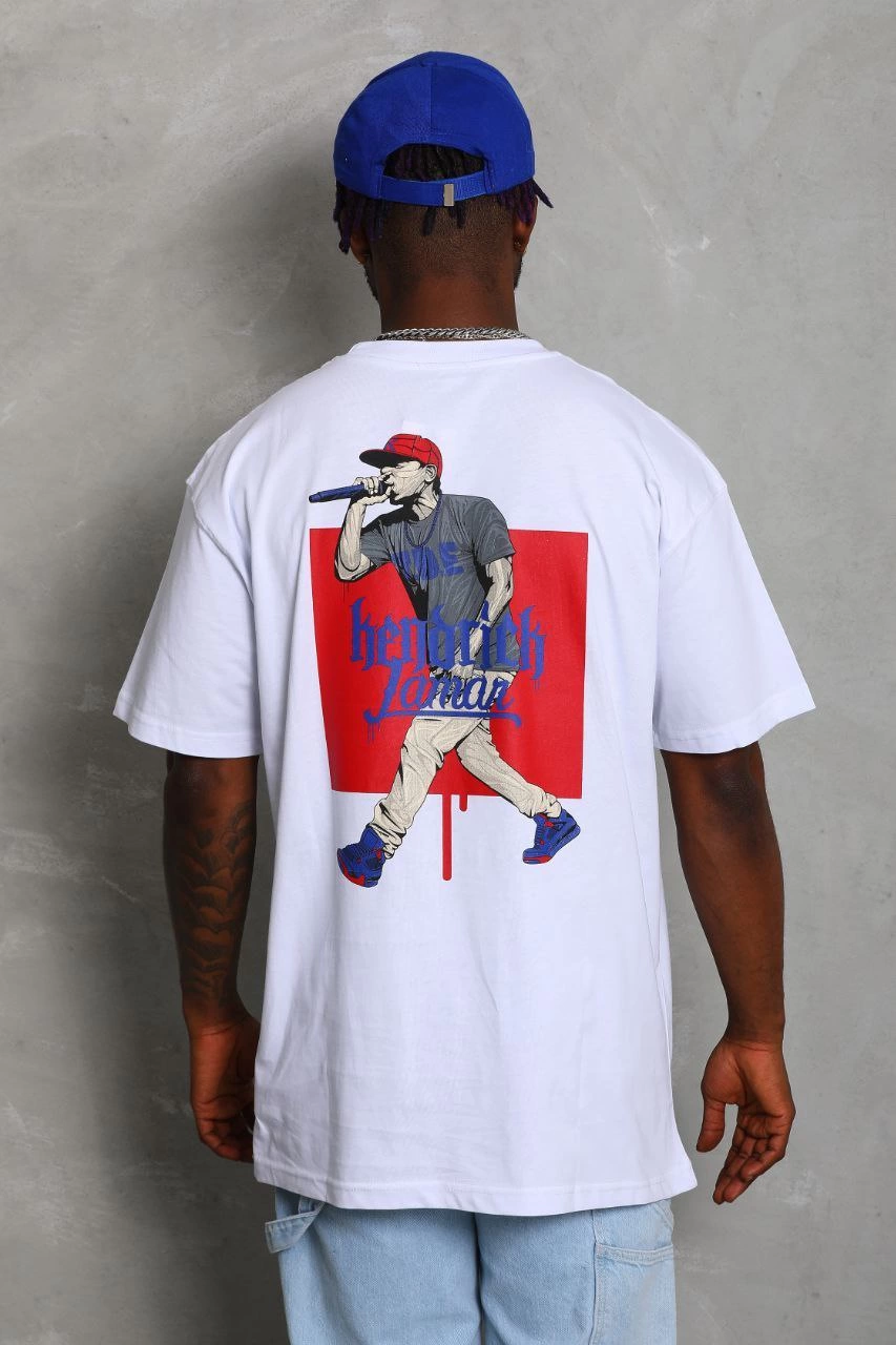 ASSEMA Unisex Oversize Baskılı Bisiklet Yaka T-Shirt - Beyaz
