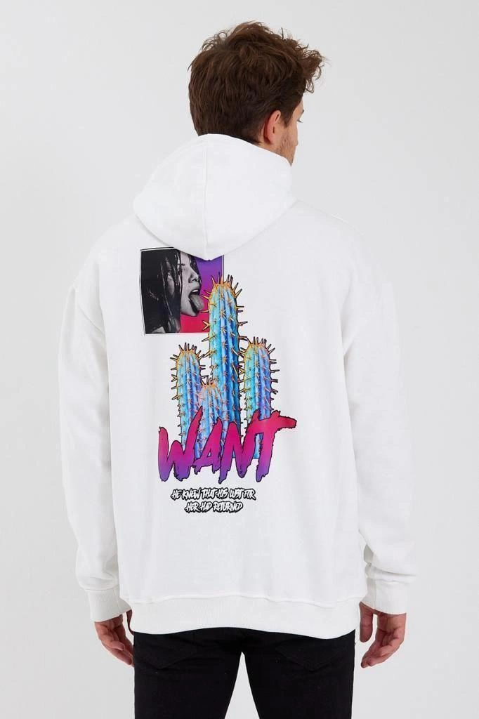 ASSEMA Erkek Baskılı Üç İplik Kapüşonlu Oversize Sweatshirt - Beyaz