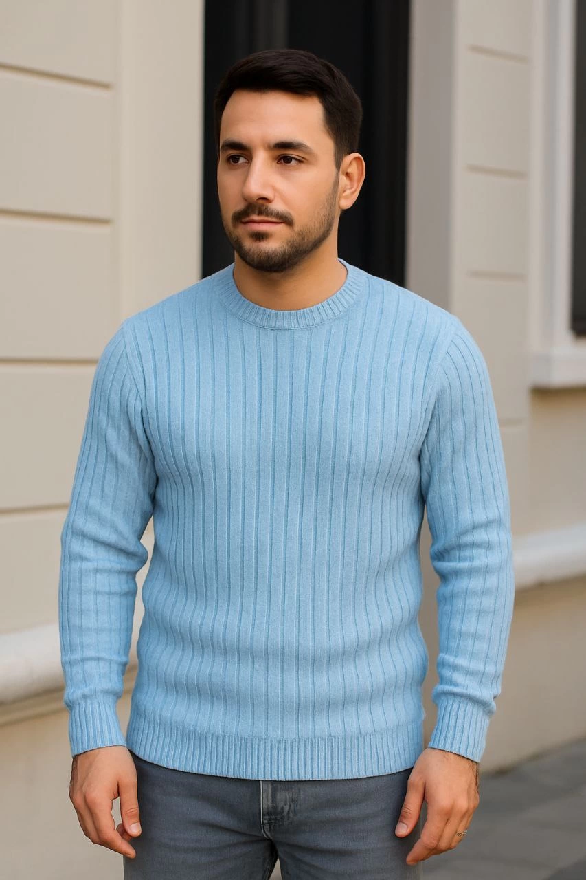 ASSEMA Erkek Bisiklet Yuvarlak Yaka Triko Kazak Pamuklu Kalın Fitilli Dokuma, Regular Fit Uzun Kollu Kışlık Model - Bebe Mavisi