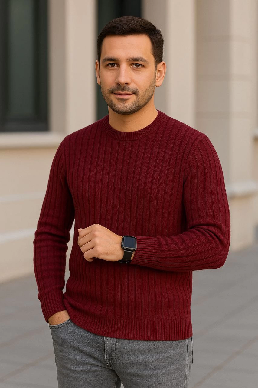 ASSEMA Erkek Bisiklet Yuvarlak Yaka Triko Kazak Pamuklu Kalın Fitilli Dokuma, Regular Fit Uzun Kollu Kışlık Model - Bordo