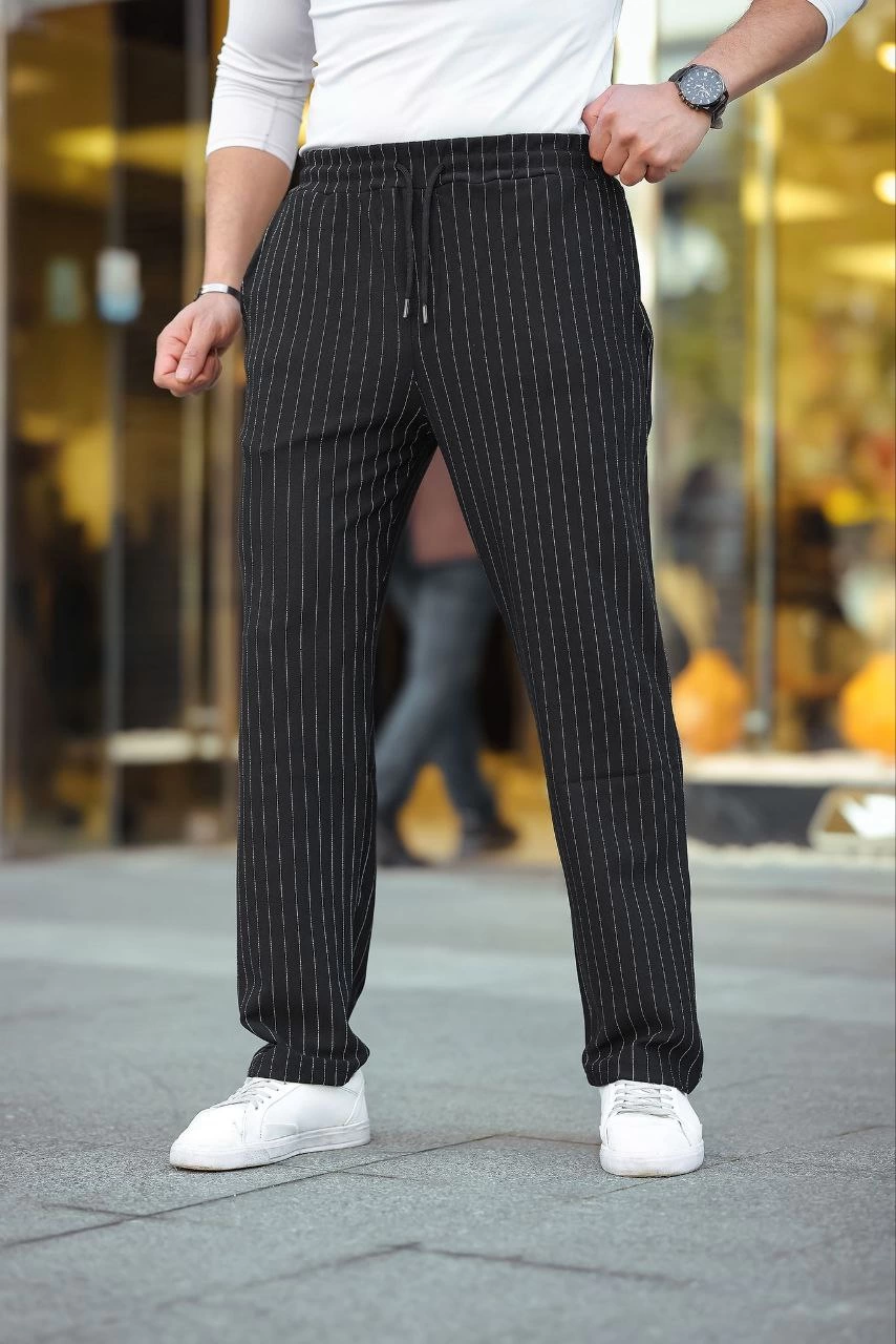 ASSEMA Erkek Cizgili Dokuma Krep Jogger Buggy Pantalon Rahat kalıp - Siyah