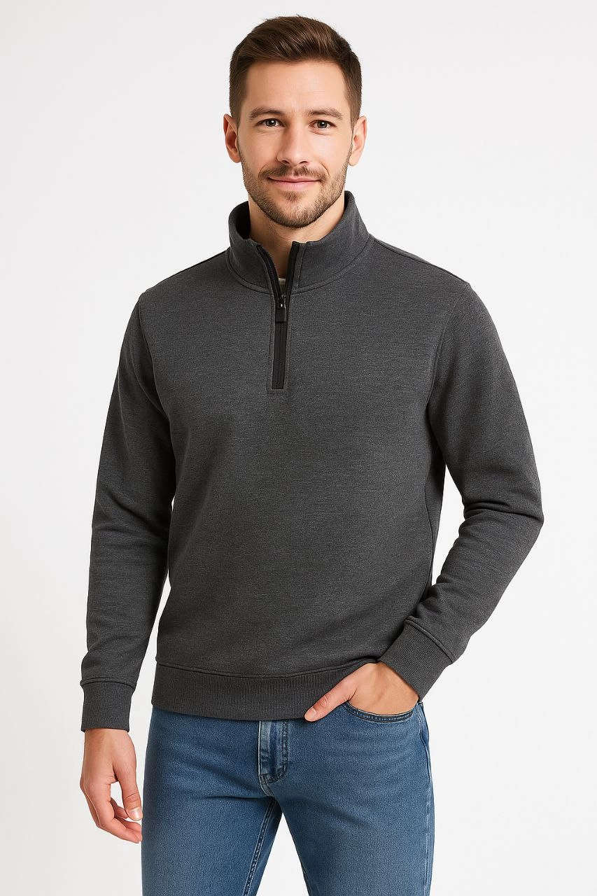 ASSEMA Erkek Dik Yaka Sweatshirt Dik Yaka Yarım Fermuarlı 3 İplik Şardonlu Pamuk Kumaş - Antrasit