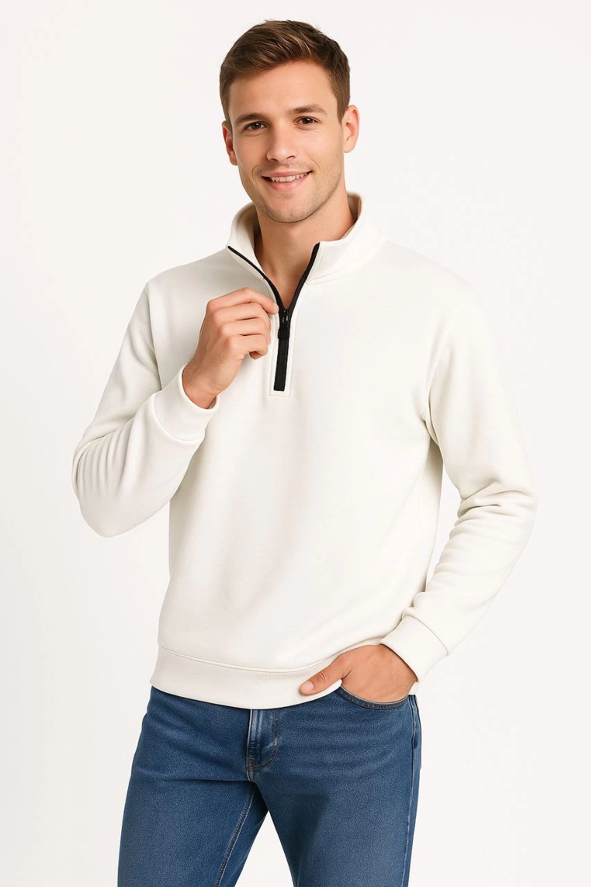 ASSEMA Erkek Dik Yaka Sweatshirt Dik Yaka Yarım Fermuarlı 3 İplik Şardonlu Pamuk Kumaş - Beyaz
