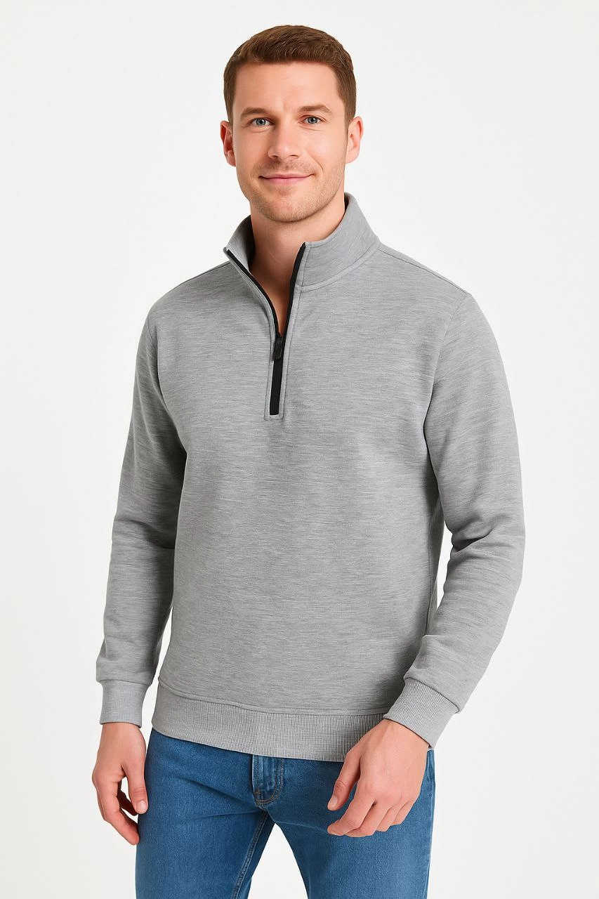 ASSEMA Erkek Dik Yaka Sweatshirt Dik Yaka Yarım Fermuarlı 3 İplik Şardonlu Pamuk Kumaş - Gri