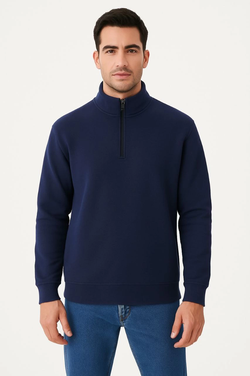 ASSEMA Erkek Dik Yaka Sweatshirt Dik Yaka Yarım Fermuarlı 3 İplik Şardonlu Pamuk Kumaş - Lacivert