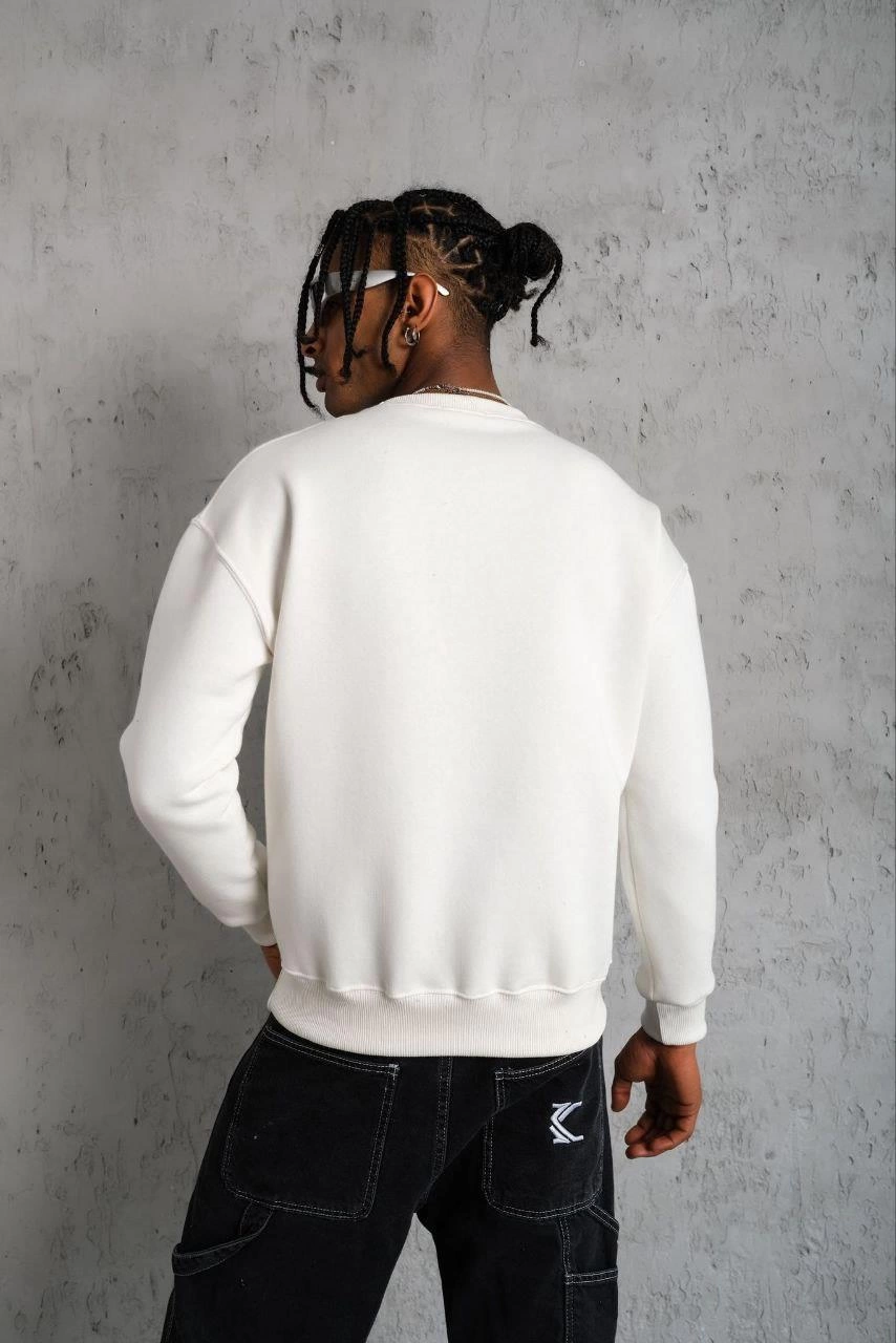 ASSEMA Erkek Düz Bisiklet Yaka üç iplik pamuklu Sweatshirt - Beyaz