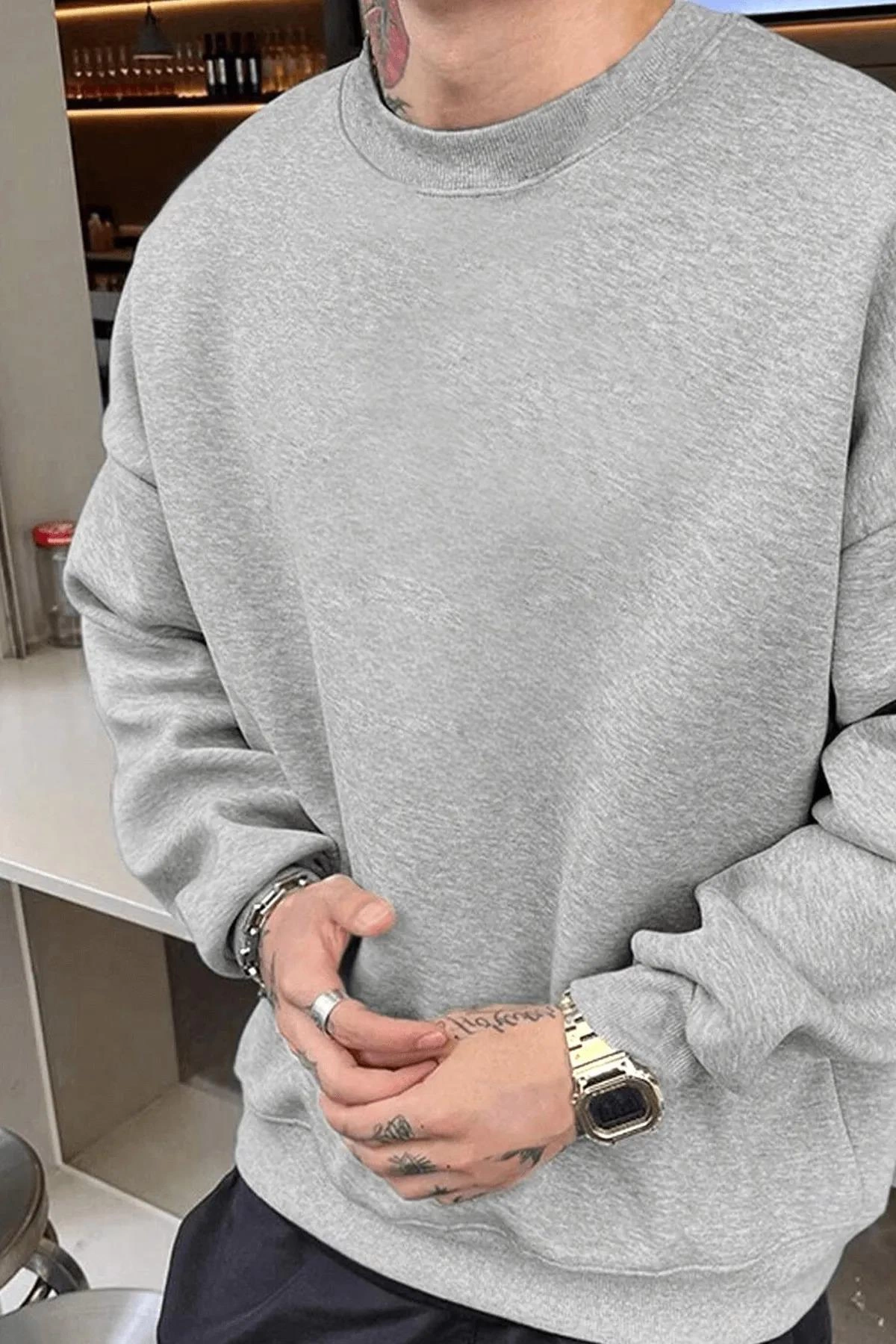 ASSEMA Erkek Düz Bisiklet Yaka üç iplik pamuklu sweatshirt - Gri