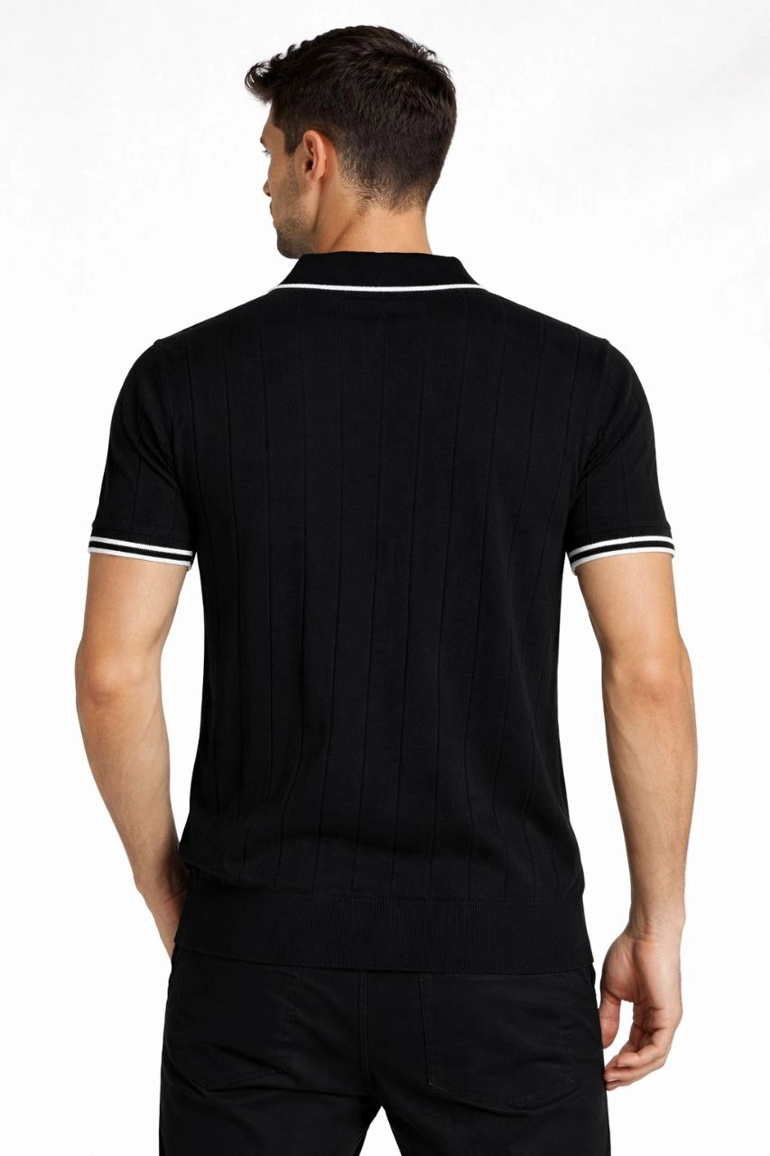 ASSEMA Erkek Fermuarlı Yaka Fitilli Triko Kısa Kollu Regular Fit Tişört T-shirt - Siyah