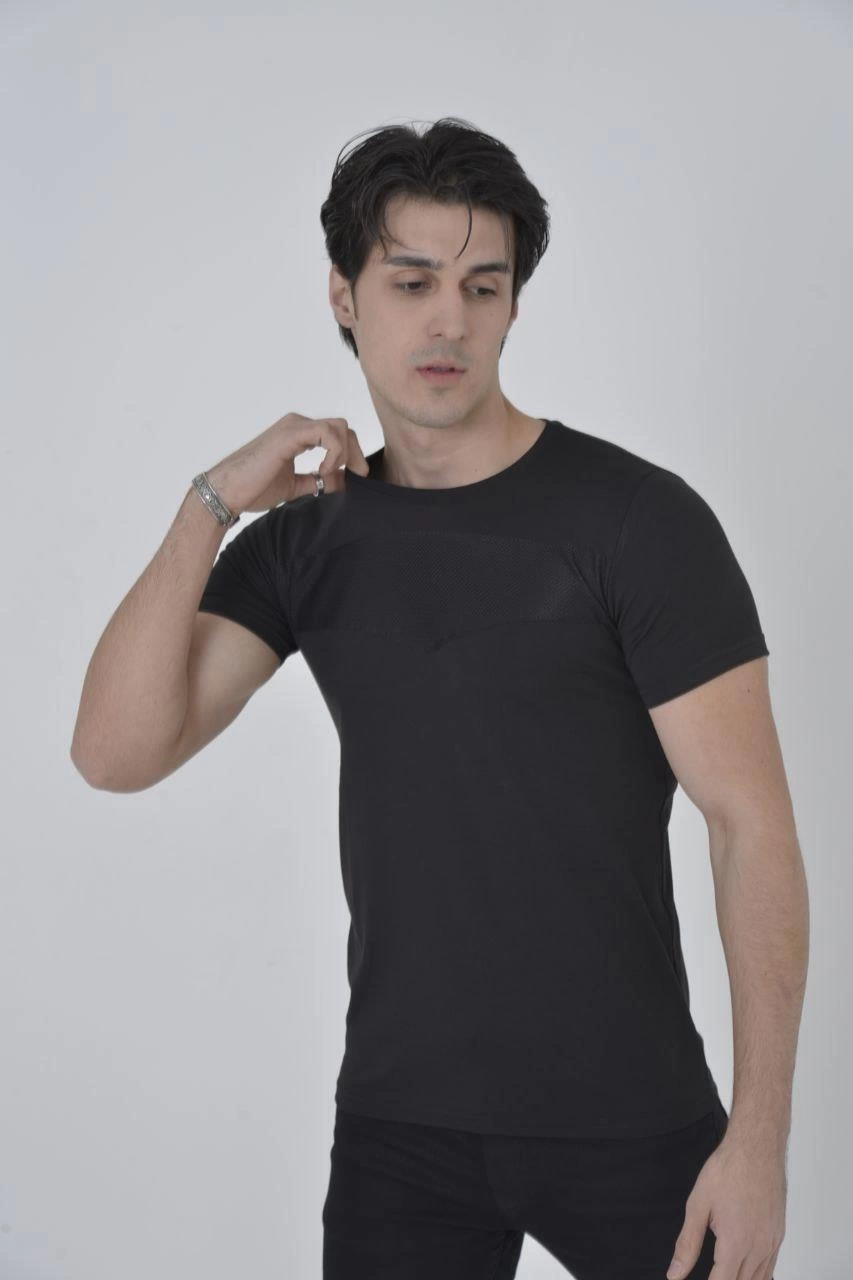 ASSEMA Erkek Gögüs Fileli T-Shirt Kısa Kol Bisiklet Yaka Slimfit Tişört - Siyah