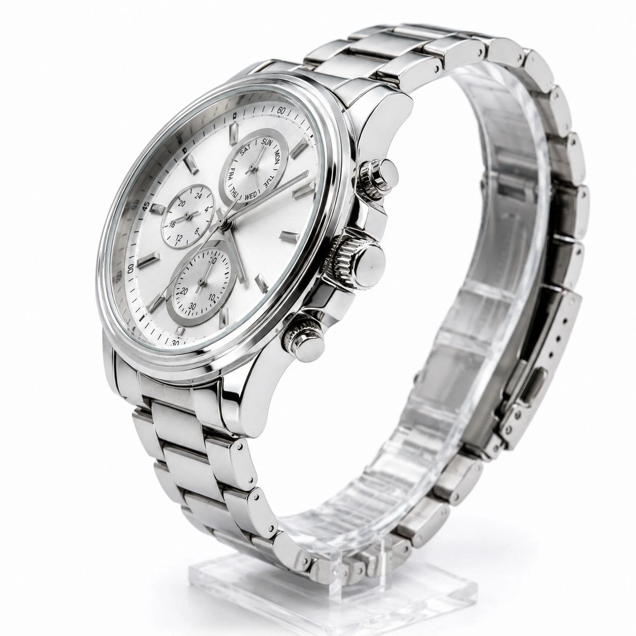 Erkek Gümüş Renk Metal Kordon Analog Kol Saati Takvim Göstergeli Beyaz Kadran - Gümüş