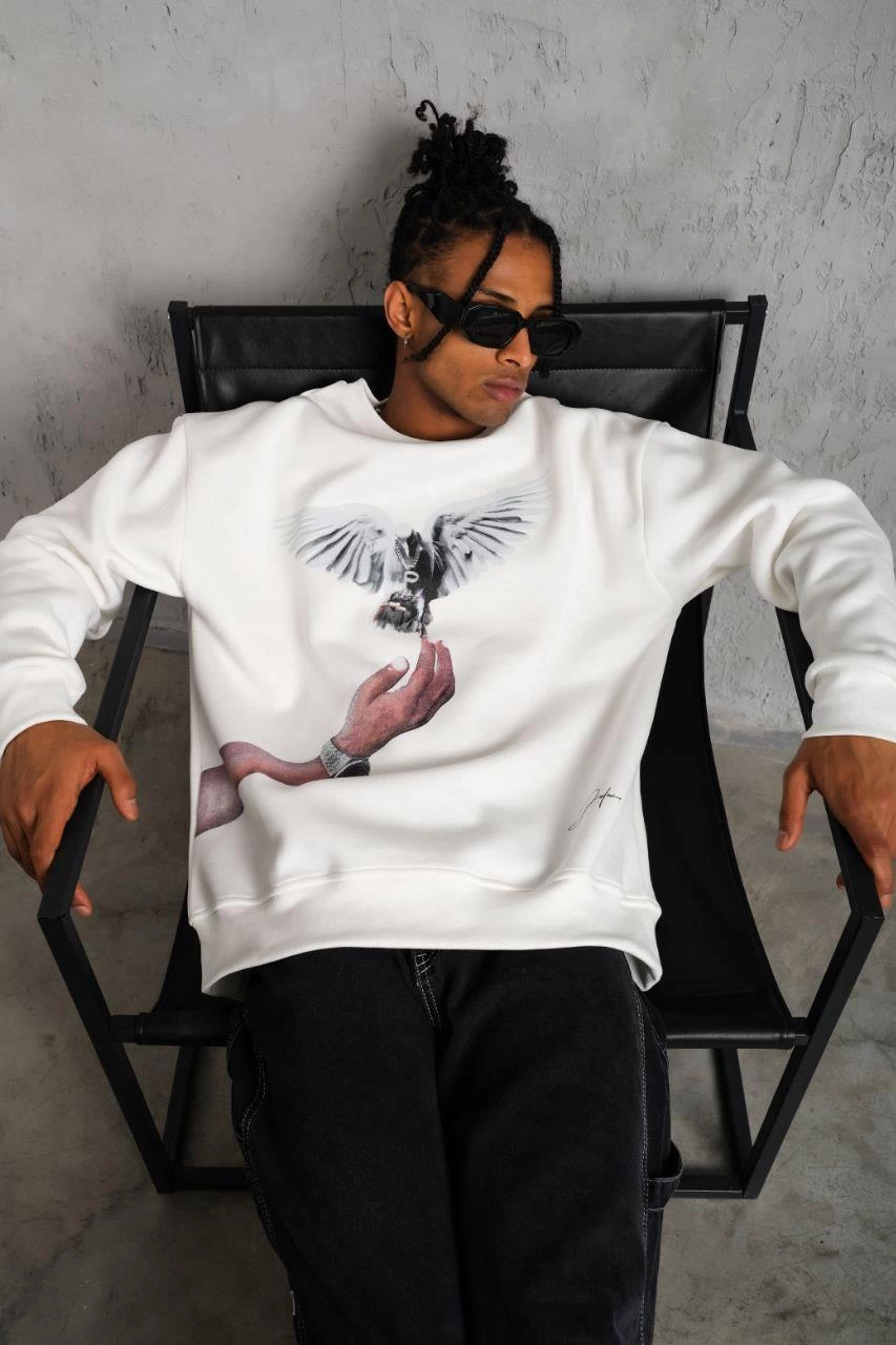 ASSEMA Erkek Güvercin Baskılı üç iplik pamuklu Sweatshirt - Beyaz